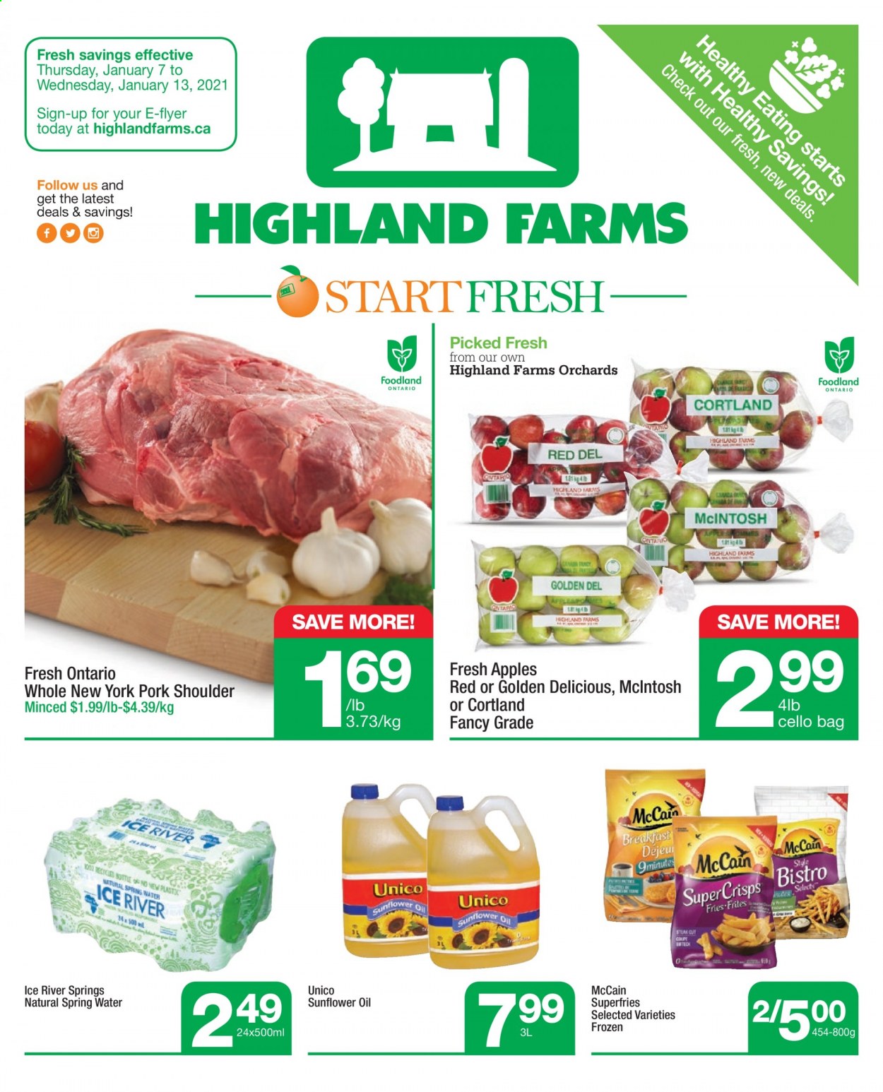thumbnail - Circulaire Highland Farms - 07 Janvier 2021 - 13 Janvier 2021 - Produits soldés - Golden Delicious, McCain, frites. Page 1.