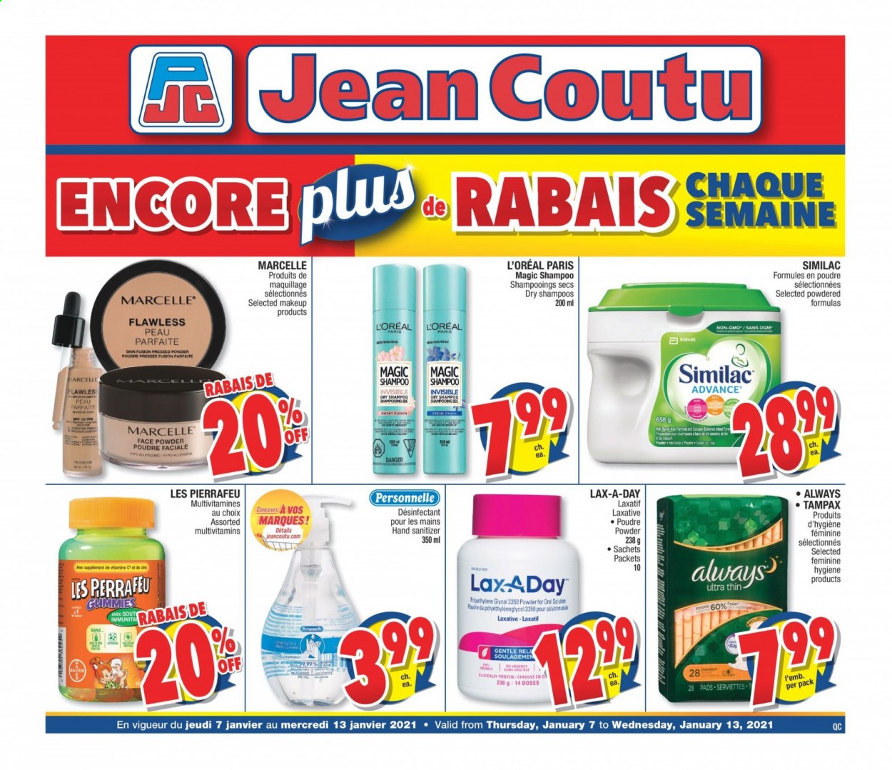 thumbnail - Jean Coutu Flyer - January 07, 2021 - January 13, 2021 - Sales products - L’Oréal, hand sanitizer, makeup, face powder, multivitamin, laxative, Bayer, shampoo. Page 1.