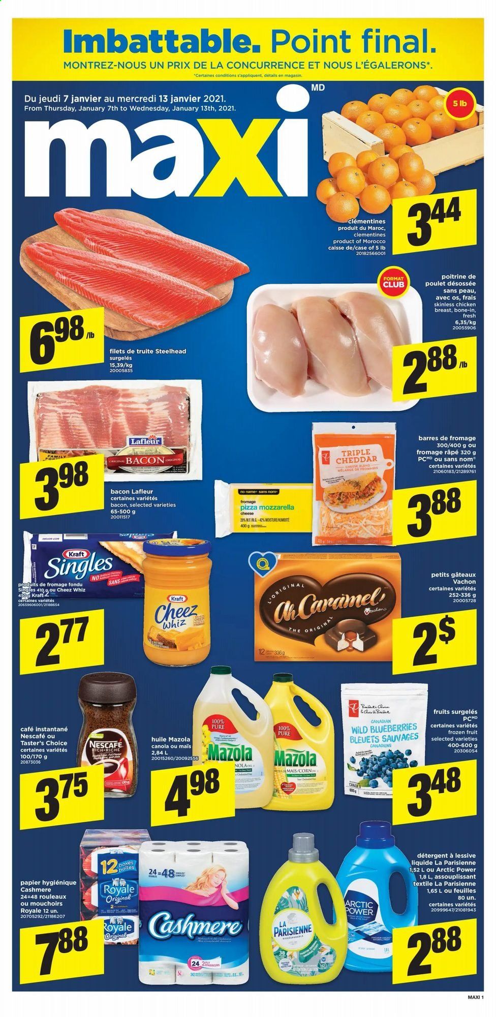 thumbnail - Maxi Flyer - January 07, 2021 - January 13, 2021 - Sales products - blueberries, clementines, No Name, pizza, Kraft®, bacon, sandwich slices, cheddar, Kraft Singles, chicken breasts, chicken, Nescafé. Page 1.