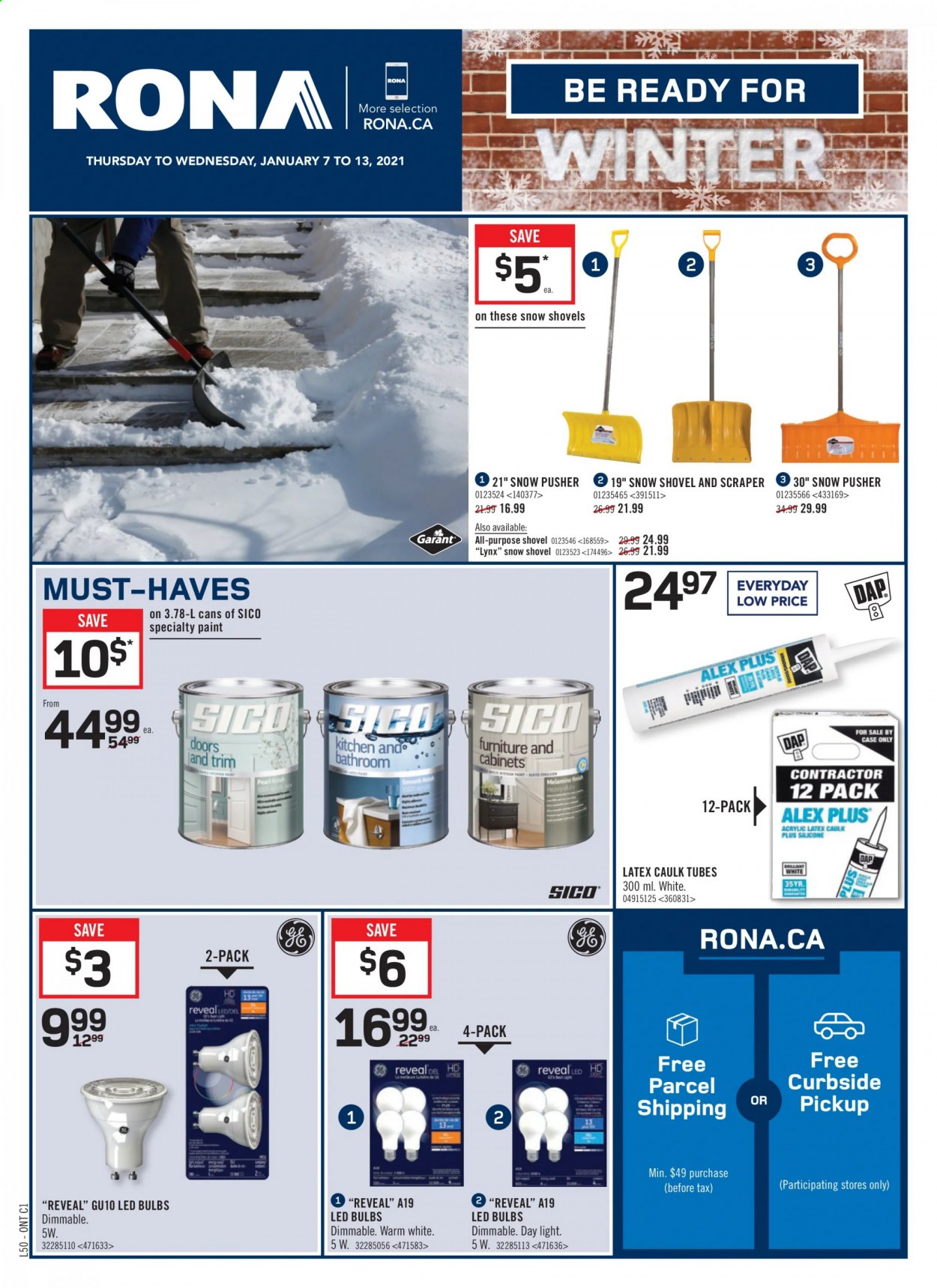 thumbnail - RONA Flyer - January 07, 2021 - January 13, 2021 - Sales products - paint, shovel, snow shovel, LED bulb. Page 1.