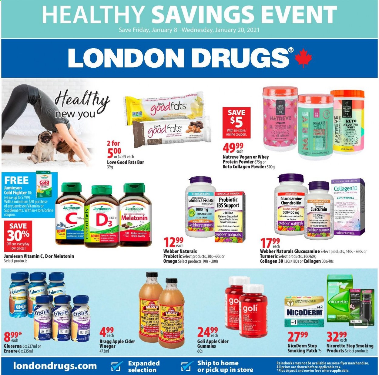 thumbnail - London Drugs Flyer - January 08, 2021 - January 20, 2021 - Sales products - salmon, turmeric, apple cider vinegar, vinegar, oil, Brut, fish oil, glucosamine, NicoDerm, Nicorette, vitamin c, Glucerna, whey protein. Page 1.