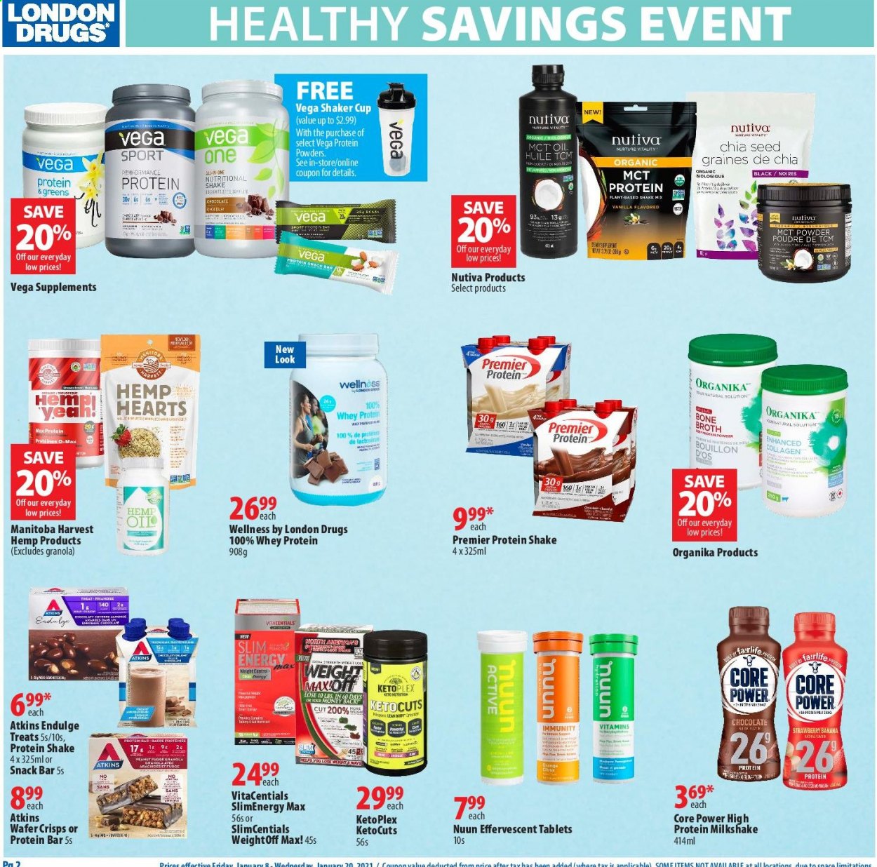 thumbnail - London Drugs Flyer - January 08, 2021 - January 20, 2021 - Sales products - fudge, wafers, snack bar, bouillon, broth, protein bar, shaker, cup, plant seeds, whey protein, granola. Page 2.