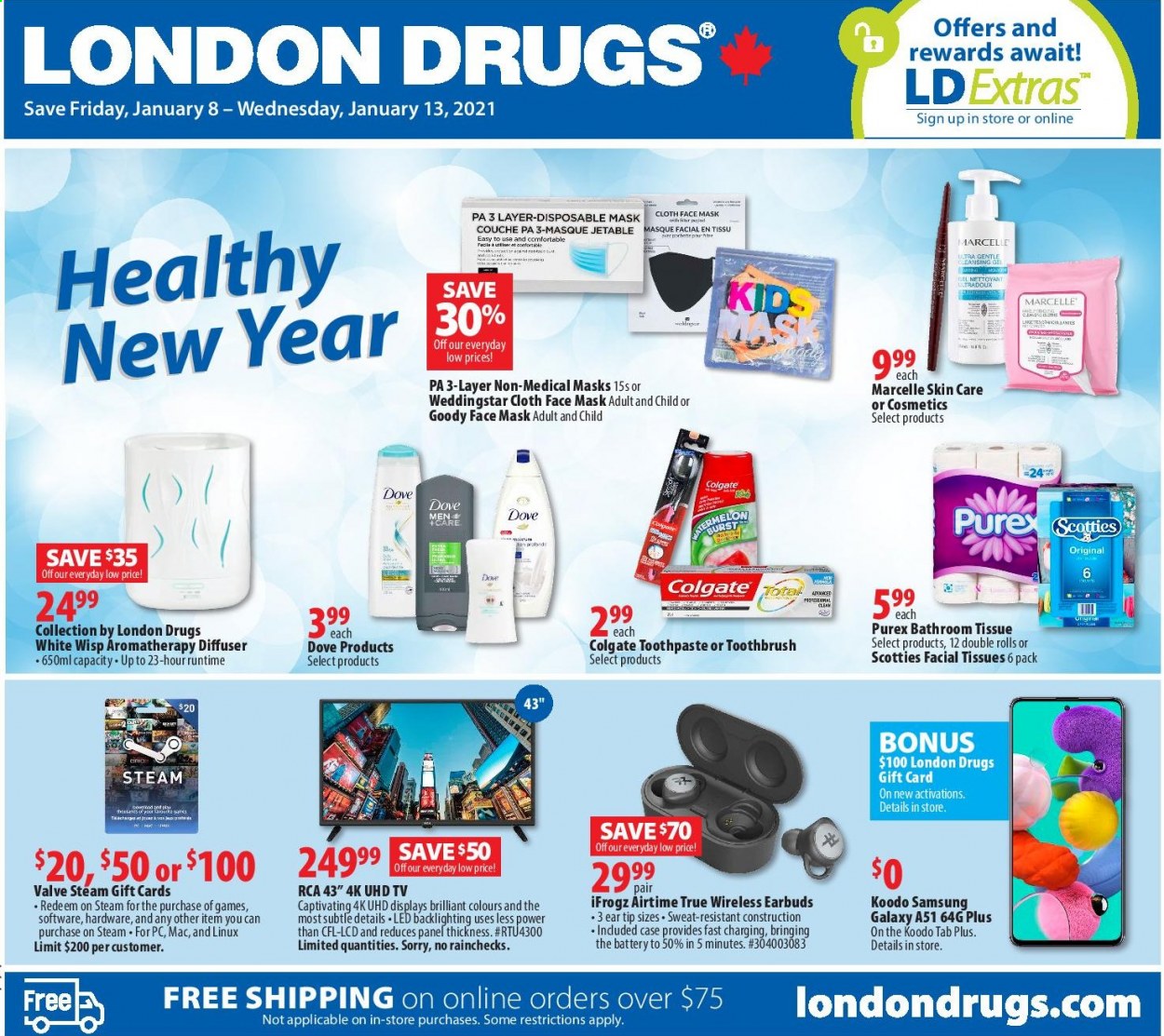 thumbnail - London Drugs Flyer - January 08, 2021 - January 13, 2021 - Sales products - Samsung Galaxy, bath tissue, Purex, toothbrush, toothpaste, facial tissues, face mask, diffuser, battery, Samsung, Samsung Galaxy A, Samsung Galaxy A51, RCA, 4K UHD TV, UHD TV, TV, earbuds, disposable mask. Page 1.