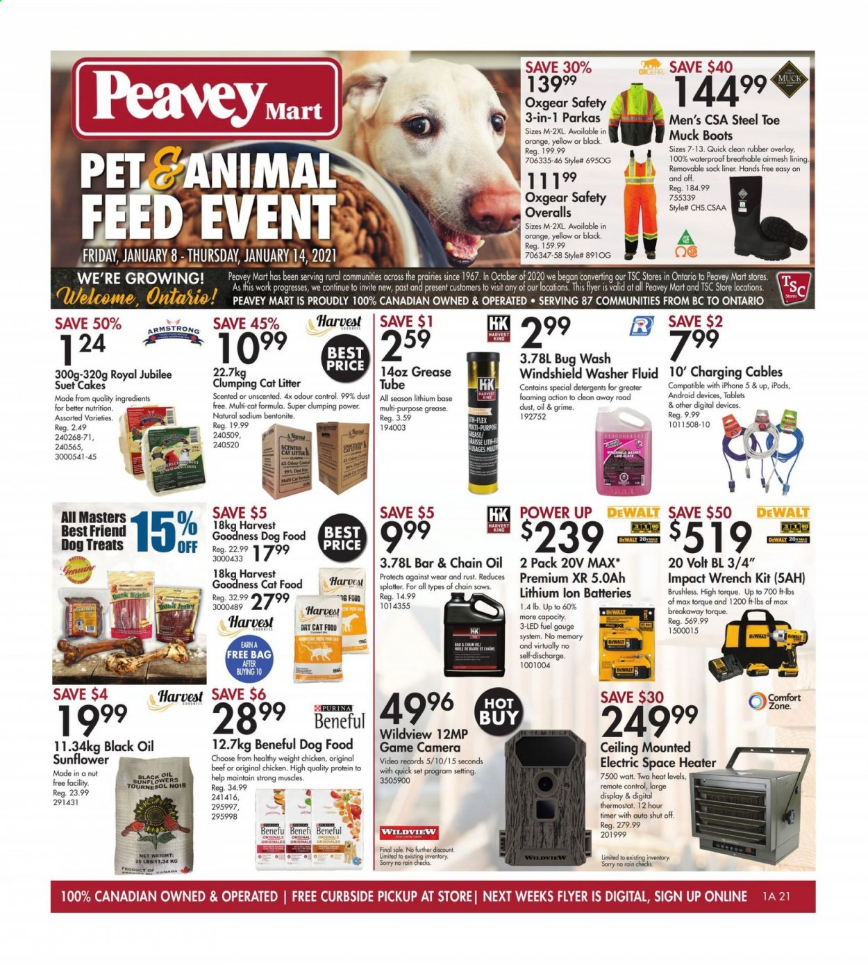 thumbnail - Peavey Mart Flyer - January 08, 2021 - January 14, 2021 - Sales products - eraser, battery, cat litter, animal food, cat food, dog food, suet, Purina, dry cat food, suet cakes, boots, DeWALT, wrench, sunflower, washer fluid, parka. Page 1.