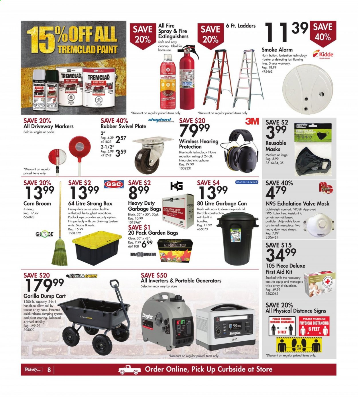 thumbnail - Peavey Mart Flyer - January 08, 2021 - January 14, 2021 - Sales products - broom, padlock, lid, plate, eraser, paint, tractor, face mask, hearing protection, cart, first aid kit. Page 8.