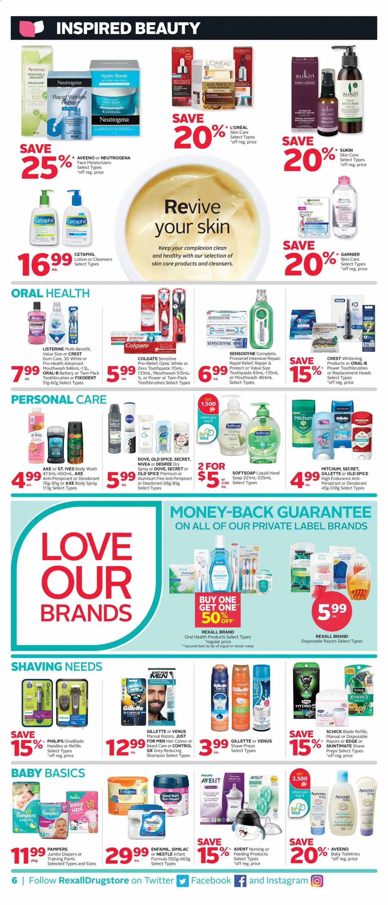 thumbnail - Rexall Flyer - January 08, 2021 - January 21, 2021 - Sales products - spice, oil, Boost, Enfamil, Similac, pants, nappies, baby pants, Aveeno, body wash, Softsoap, soap, toothpaste, mouthwash, Fixodent, Crest, gel cream, L’Oréal, moisturizer, serum, Olay, hair color, Sukin, body lotion, body spray, anti-perspirant, Schick, Venus, disposable razor, Nestlé, Garnier, Gillette, Listerine, Neutrogena, shampoo, Pampers, Nivea, Old Spice, Oral-B, Sensodyne, deodorant. Page 6.