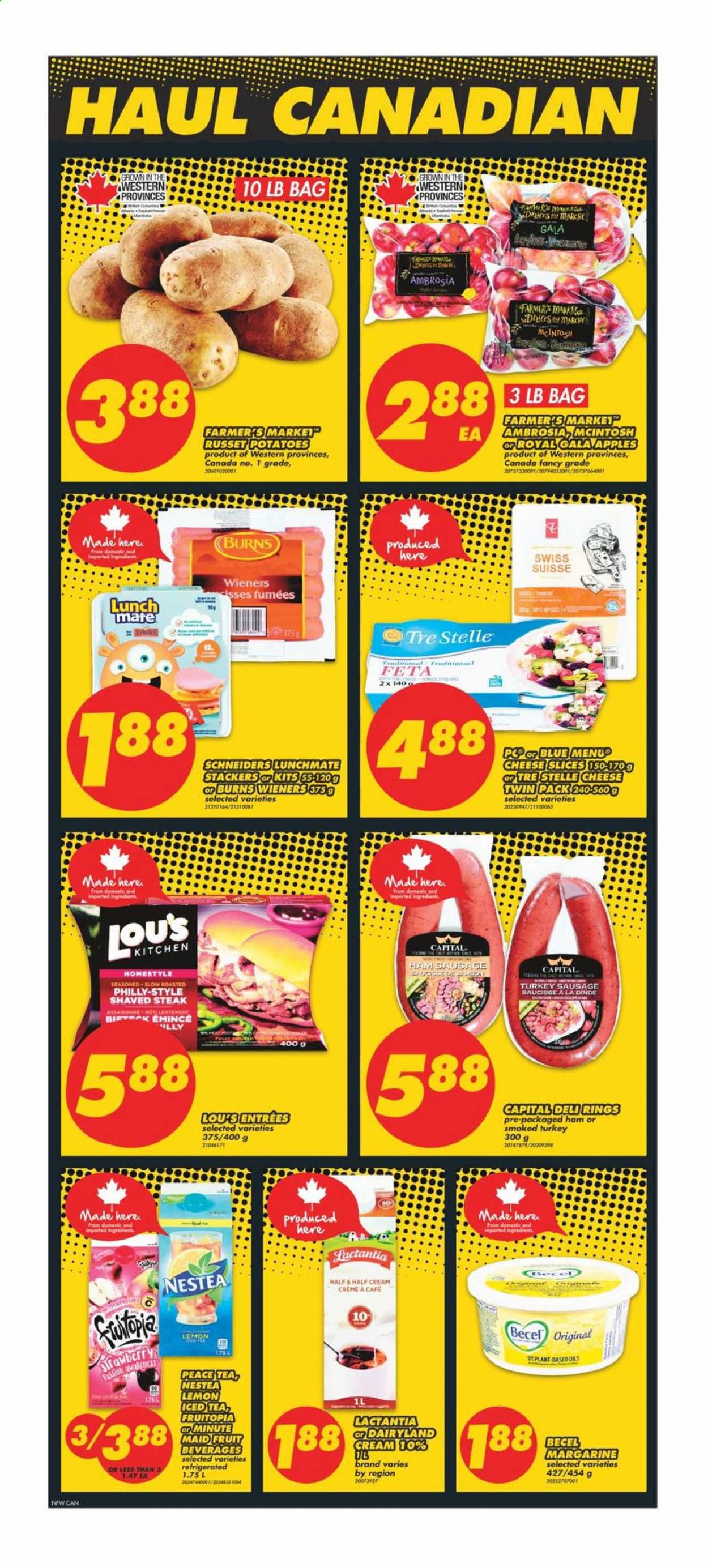thumbnail - No Frills Flyer - January 08, 2021 - January 14, 2021 - Sales products - russet potatoes, potatoes, apples, Gala, ham, sausage, sliced cheese, cheese, feta, margarine, ice tea, Illy, Half and half, McIntosh, steak. Page 2.