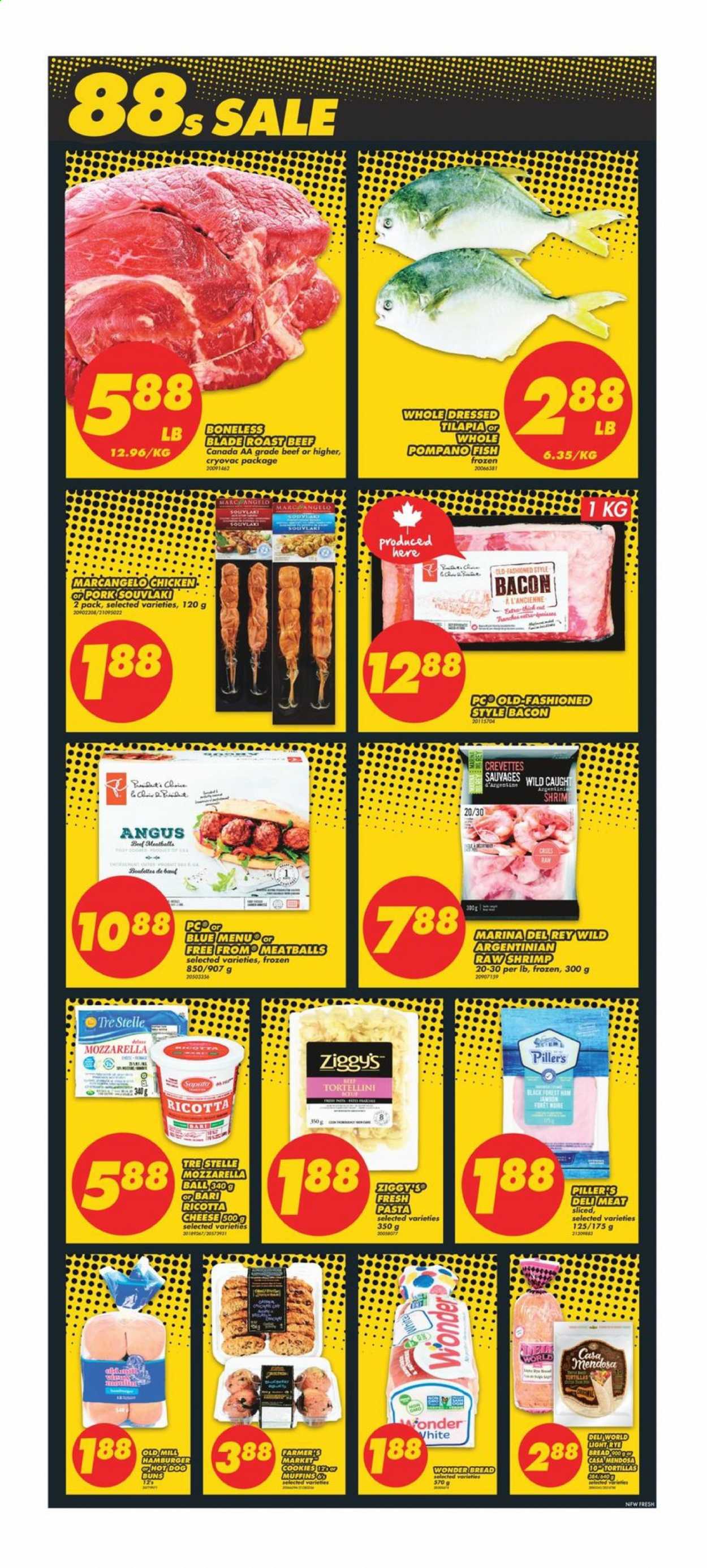 thumbnail - No Frills Flyer - January 08, 2021 - January 14, 2021 - Sales products - bread, tortillas, buns, muffin, tilapia, pompano, fish, shrimps, meatballs, hamburger, tortellini, bacon, cheese, cookies, beef meat, roast beef, ricotta. Page 4.