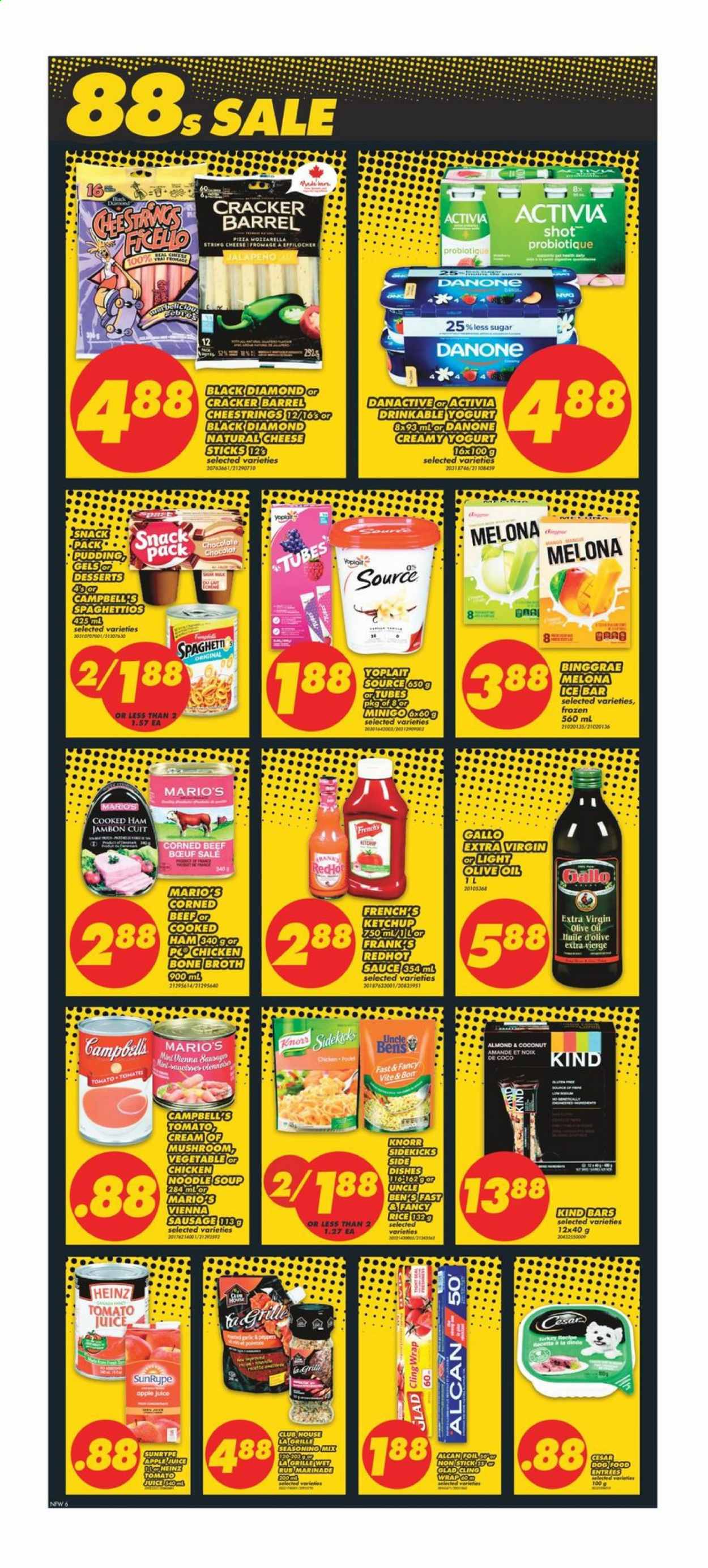 thumbnail - No Frills Flyer - January 08, 2021 - January 14, 2021 - Sales products - mango, Campbell's, pizza, soup, sauce, noodles cup, noodles, cooked ham, ham, sausage, vienna sausage, corned beef, string cheese, pudding, yoghurt, Activia, Yoplait, milk, cheese sticks, crackers, broth, Heinz, Uncle Ben's, rice, spice, marinade, extra virgin olive oil, olive oil, oil, apple juice, tomato juice, juice, beef meat, animal food, dog food, Onix, Knorr, Danone. Page 6.