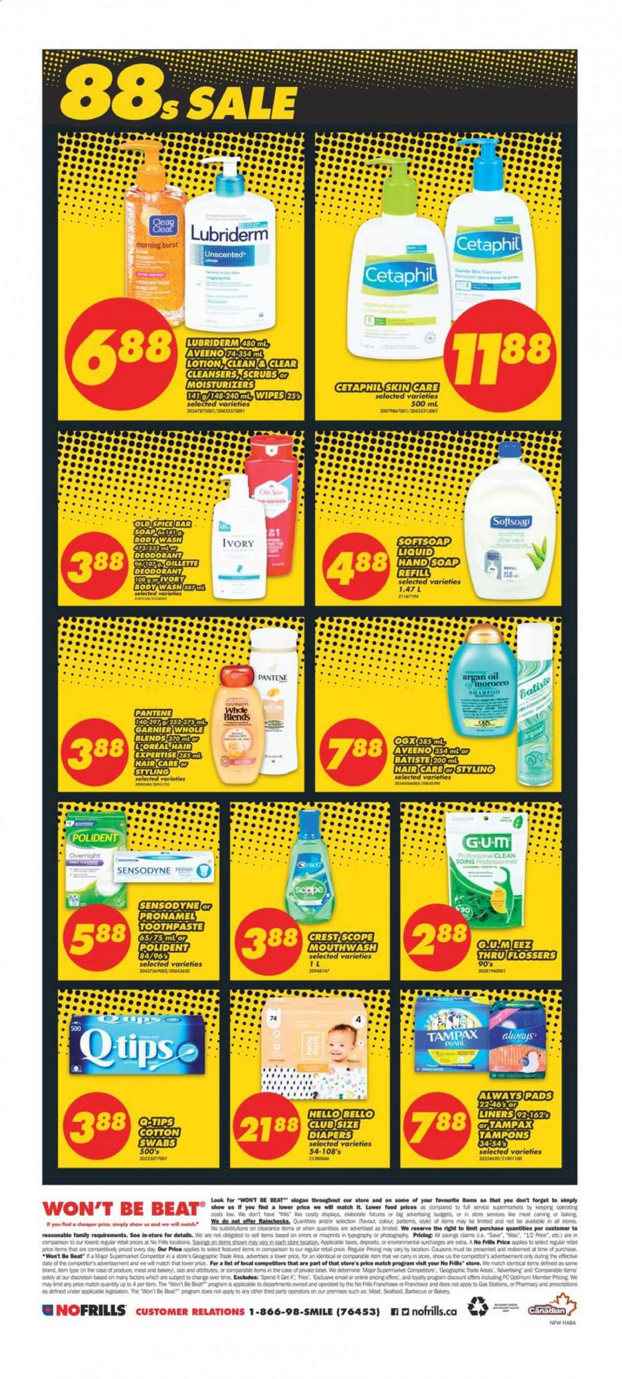 thumbnail - No Frills Flyer - January 08, 2021 - January 14, 2021 - Sales products - seafood, spice, wipes, nappies, Aveeno, body wash, Softsoap, hand soap, soap, toothpaste, mouthwash, Polident, Crest, Always pads, tampons, L’Oréal, moisturizer, Clean & Clear, OGX, body lotion, Lubriderm, anti-perspirant, Optimum, argan oil, Garnier, Tampax, Pantene, Old Spice, Sensodyne, deodorant. Page 8.