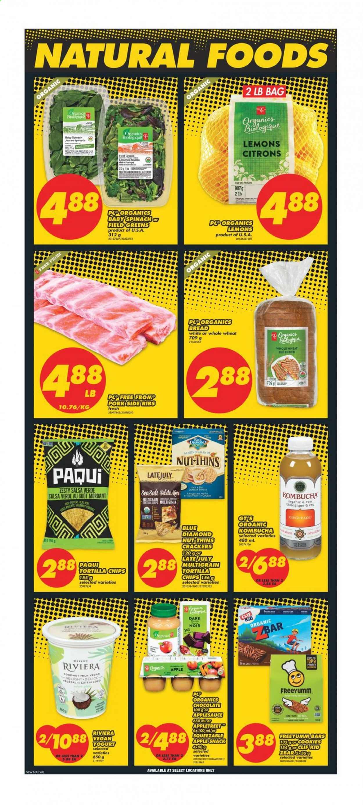 thumbnail - No Frills Flyer - January 08, 2021 - January 14, 2021 - Sales products - Apple, bread, coconut, lemons, yoghurt, cookies, chocolate, snack, crackers, tortilla chips, Thins, rice, salsa, apple sauce, Blue Diamond, kombucha, chips. Page 9.