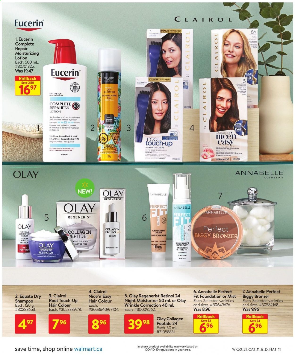 thumbnail - Walmart Flyer - January 07, 2021 - January 27, 2021 - Sales products - moisturizer, serum, Olay, Root Touch-Up, Clairol, hair color, body lotion, fragrance, shades, bronzing powder, Eucerin, shampoo. Page 11.