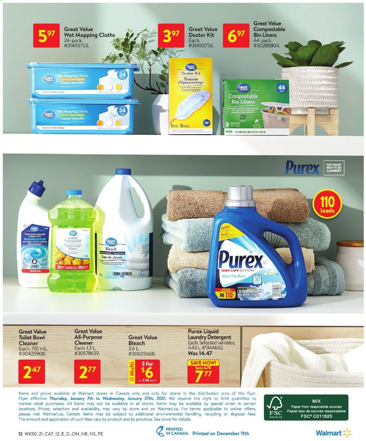 thumbnail - Walmart Flyer - January 07, 2021 - January 27, 2021 - Sales products - cleaner, bleach, laundry detergent, Purex, bin, duster, Lee, desinfection. Page 12.