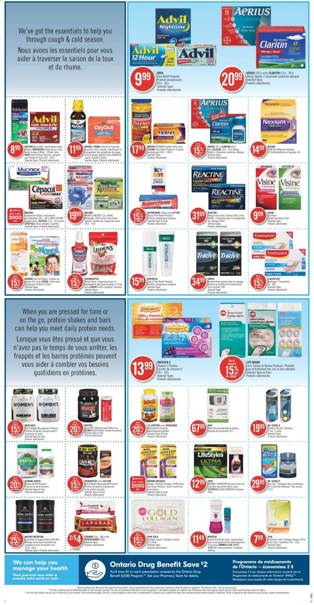 thumbnail - Shoppers Drug Mart Flyer - January 09, 2021 - January 15, 2021 - Sales products - pastilles, broth, syrup, lubricant, pain relief, DayQuil, Cold & Flu, Mucinex, multivitamin, Tylenol, Vitafusion, vitamin c, NyQuil, Aspercreme, Nexium, eye drops, Advil Rapid, Emergen-C, Motrin, Dr. Scholl's, Robitussin. Page 2.