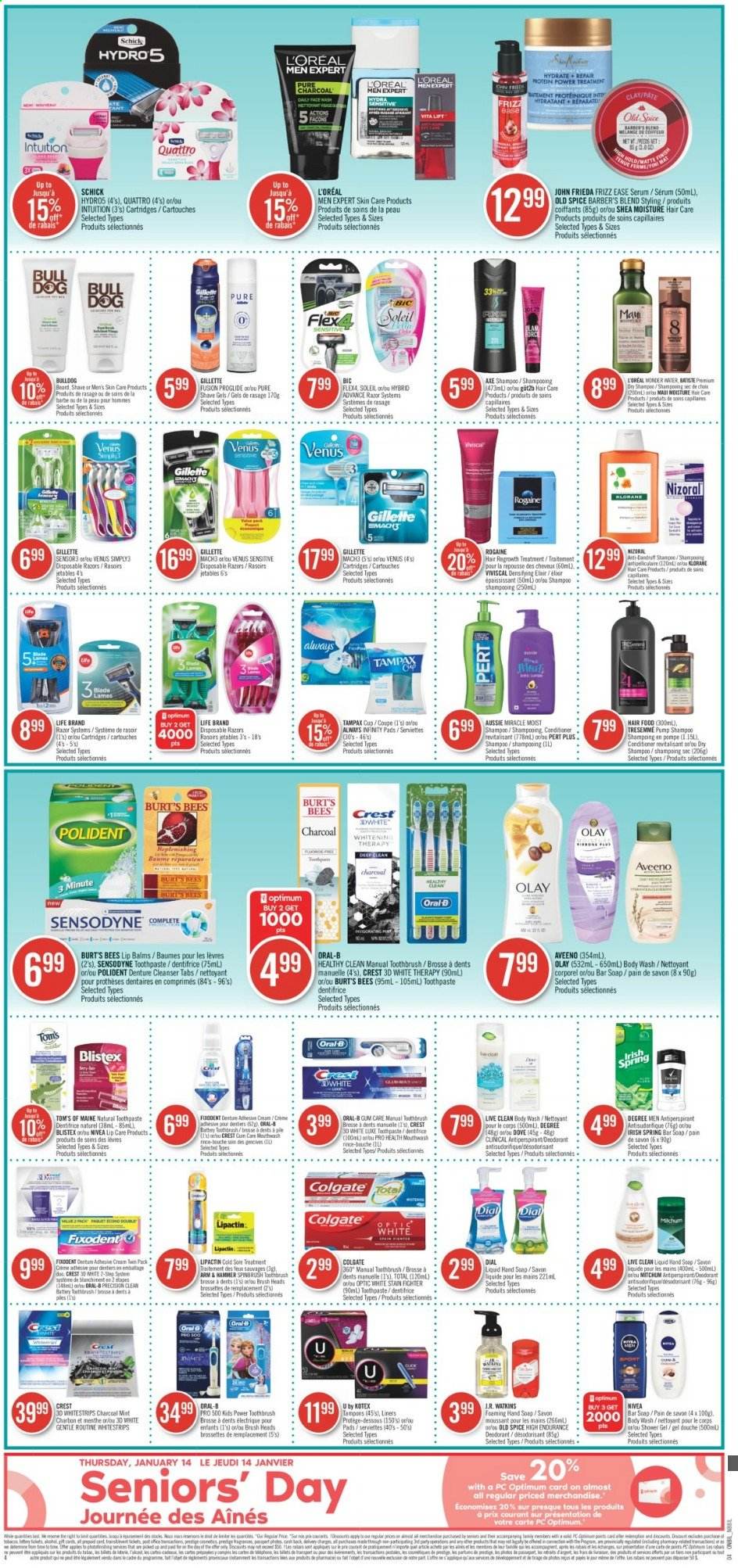 thumbnail - Shoppers Drug Mart Flyer - January 09, 2021 - January 15, 2021 - Sales products - ARM & HAMMER, spice, Aveeno, body wash, hand soap, soap bar, Dial, soap, toothbrush, toothpaste, mouthwash, Fixodent, Polident, Crest, Kotex, tampons, cleanser, L’Oréal, serum, Olay, L’Oréal Men, Aussie, conditioner, TRESemmé, John Frieda, Klorane, anti-perspirant, BIC, razor, Schick, Venus, disposable razor, Gillette, shampoo, Tampax, Nivea, Old Spice, Oral-B, Sensodyne, deodorant. Page 4.