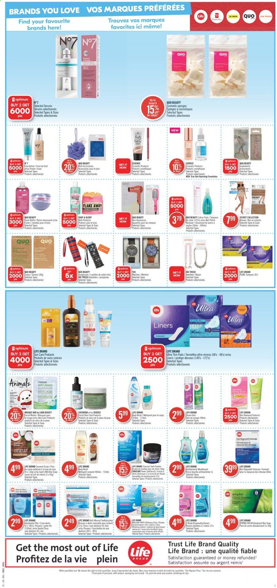 thumbnail - Shoppers Drug Mart Flyer - January 09, 2021 - January 15, 2021 - Sales products - body wash, Avon, soap bar, soap, toothbrush, mouthwash, tampons, anti-perspirant, disposable razor, Trust, nail polish remover, Sonicare, sunglasses, deodorant. Page 12.