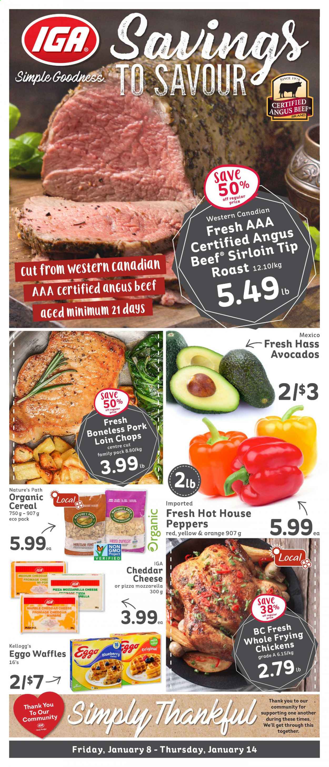 thumbnail - IGA Simple Goodness Flyer - January 08, 2021 - January 14, 2021 - Sales products - waffles, pizza, cheddar, Kellogg's, cereals, beef meat, beef sirloin, pork chops, pork loin, pork meat. Page 1.