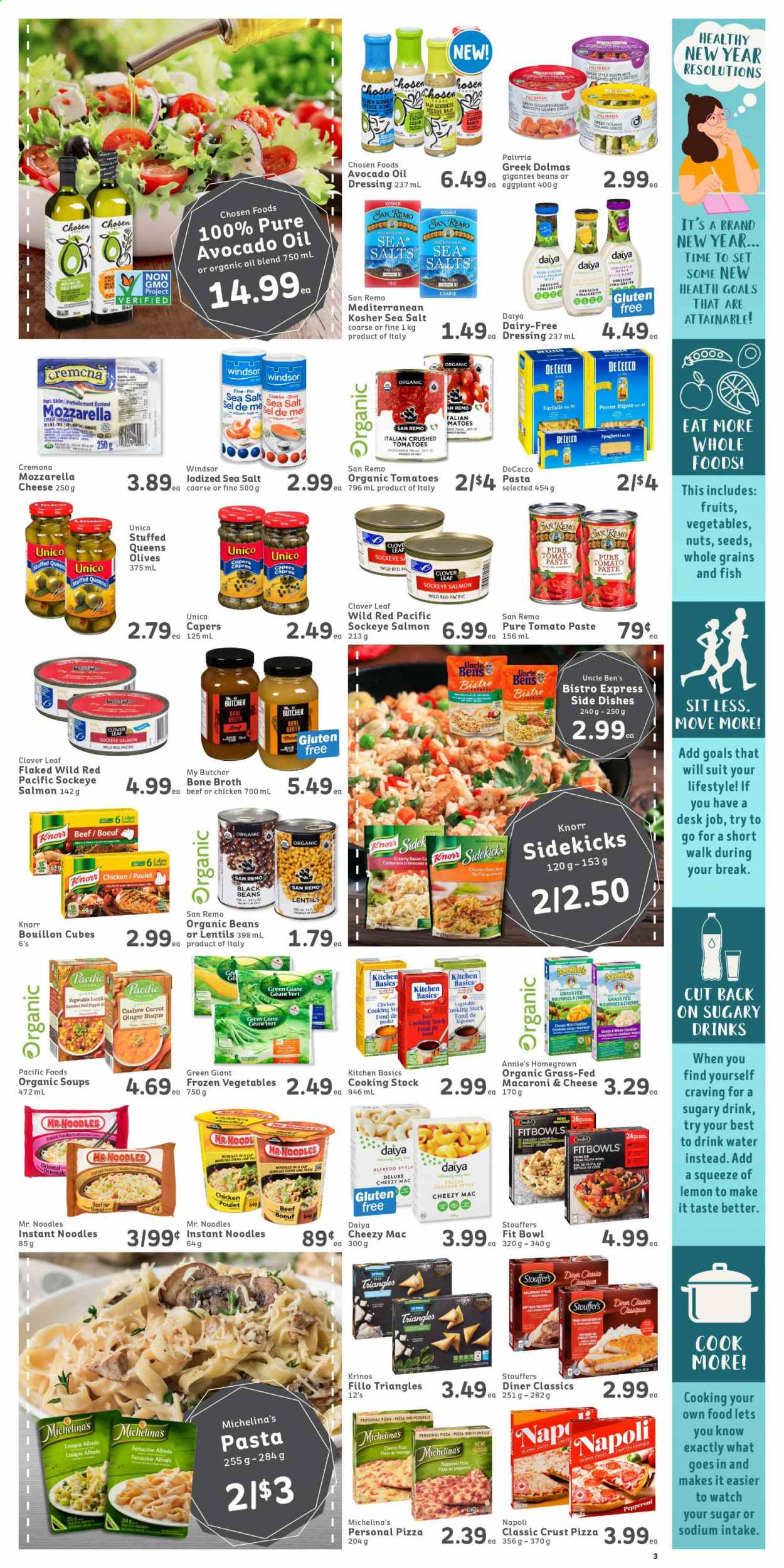 thumbnail - IGA Simple Goodness Flyer - January 08, 2021 - January 14, 2021 - Sales products - Ace, beans, ginger, eggplant, salmon, macaroni & cheese, spaghetti, pizza, pasta, instant noodles, fried chicken, fajita, noodles, lasagna meal, Annie's, bacon, pepperoni, mild cheddar, Clover, frozen vegetables, Stouffer's, bouillon, sugar, sea salt, broth, black beans, capers, crushed tomatoes, lentils, tomato paste, Uncle Ben's, penne, cloves, vinaigrette dressing, dressing, avocado oil, oil, Knorr, olives, steak. Page 3.