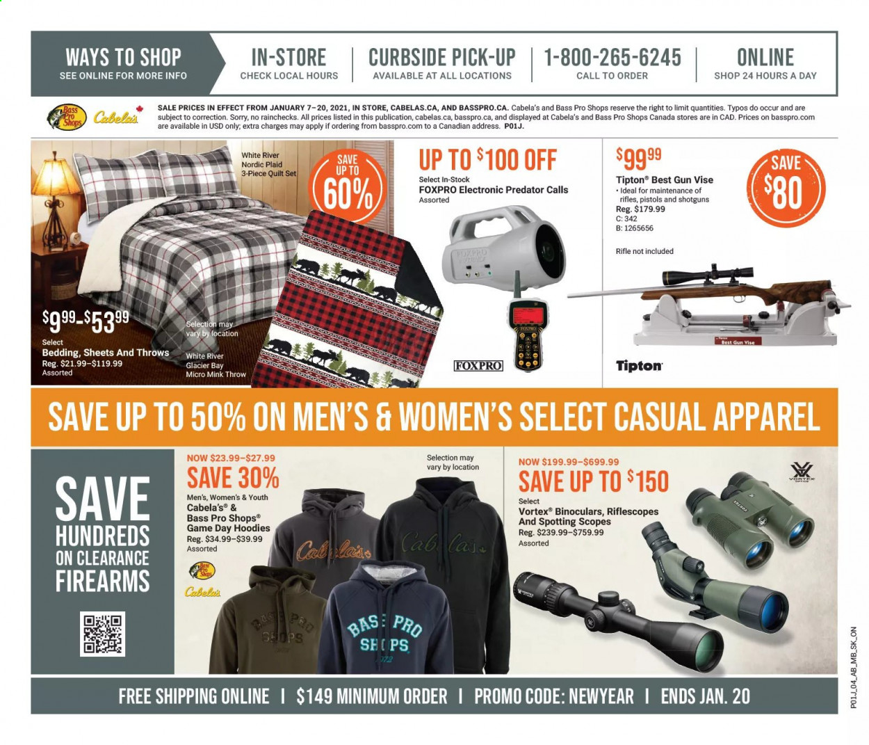 thumbnail - Bass Pro Shops Flyer - January 07, 2021 - January 20, 2021 - Sales products - bedding, quilt, hoodie, Bass Pro, binoculars, gun vise. Page 4.