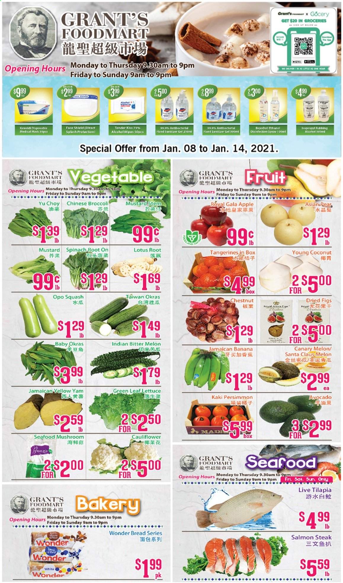 thumbnail - Grant's Foodmart Flyer - January 08, 2021 - January 14, 2021 - Sales products - mushrooms, bread, broccoli, cauliflower, spinach, lettuce, avocado, figs, Gala, tangerines, persimmons, coconut, melons, salmon, tilapia, seafood, Santa, mustard, dried figs, Grant's, wipes, Lotus, hand sanitizer, chinese broccoli, steak. Page 1.