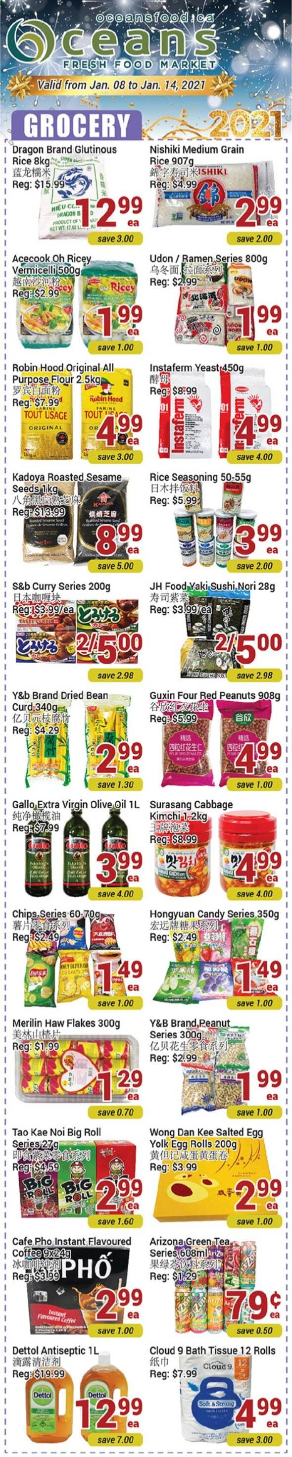 thumbnail - Oceans Flyer - January 08, 2021 - January 14, 2021 - Sales products - cabbage, ramen, egg rolls, curd, yeast, Cloud 9, salted egg, flour, rice, medium grain rice, spice, extra virgin olive oil, olive oil, oil, peanuts, AriZona, green tea, tea, coffee, bath tissue, chips, Dettol. Page 1.