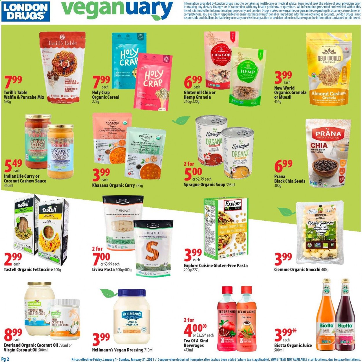 thumbnail - London Drugs Flyer - January 01, 2021 - January 31, 2021 - Sales products - Apple, pancakes, lentils, soup, sauce, cereals, muesli, spaghetti, pasta, red lentils, penne, chia seeds, dressing, Hellmann’s, curry sauce, coconut oil, oil, goji, juice, tea, table, granola. Page 2.