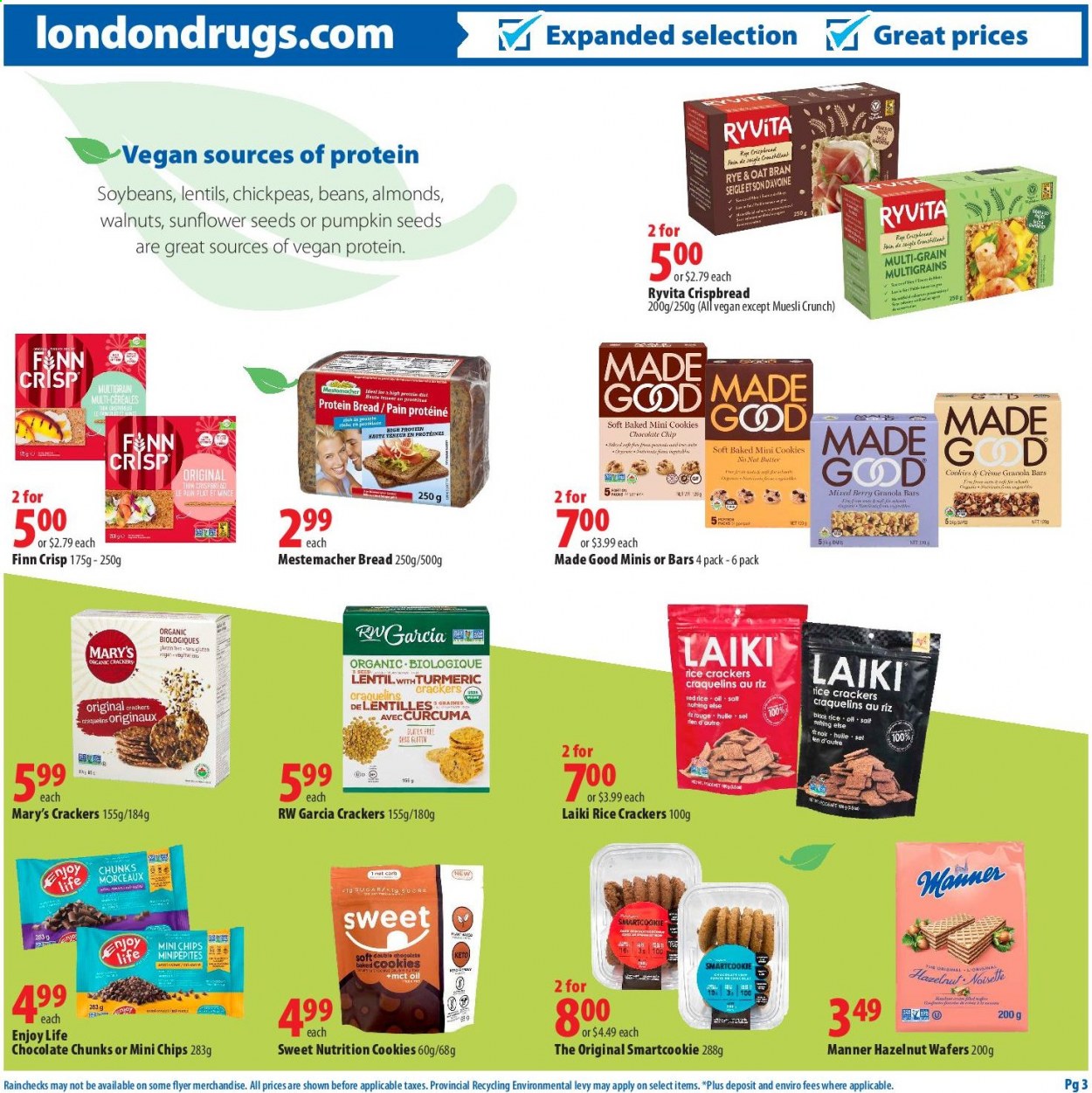 thumbnail - London Drugs Flyer - January 01, 2021 - January 31, 2021 - Sales products - cookies, wafers, crackers, rice crackers, sugar, oats, lentils, granola bar, muesli, soybeans, chickpeas, almonds, walnuts, sunflower seeds, pumpkin seeds, chips. Page 3.