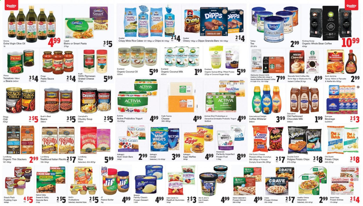 thumbnail - Quality Foods Flyer - January 11, 2021 - January 17, 2021 - Sales products - waffles, tomatoes, Mott's, Campbell's, risotto, pasta sauce, soup, sauce, pancakes, Quaker, Healthy Choice, Marie Callender's, Kraft®, parmesan, cheese, grated cheese, pudding, yoghurt, probiotic yoghurt, Activia, ice cream, Ben & Jerry's, milk chocolate, Kellogg's, potato chips, sugar, coconut sugar, coconut milk, baked beans, cereals, granola bar, Nature Valley, Nutri-Grain, basmati rice, coconut oil, extra virgin olive oil, olive oil, oil, peanut butter, syrup, Jif, prunes, dried fruit, juice, tea, instant coffee, coffee capsules, Starbucks, K-Cups, Keurig, probiotics, quinoa, Nescafé. Page 4.