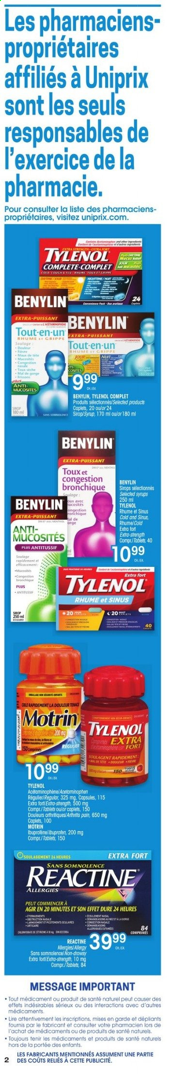 thumbnail - Uniprix Flyer - January 14, 2021 - January 20, 2021 - Sales products - syrup, Tylenol, Ibuprofen, Benylin, Motrin. Page 2.