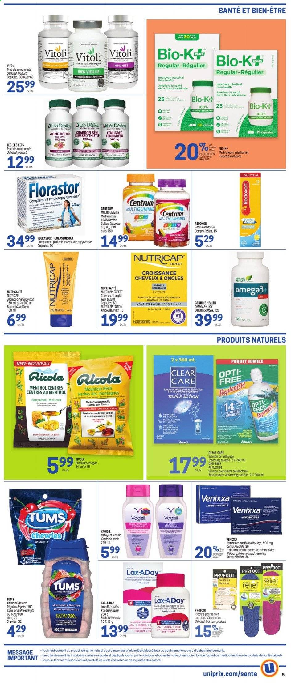 thumbnail - Uniprix Flyer - January 14, 2021 - January 20, 2021 - Sales products - Ricola, pastilles, herbs, honey, Joy, conditioner, body lotion, foot care, Clear Care, multivitamin, probiotics, Antacid, laxative, Centrum, shampoo, desinfection. Page 4.