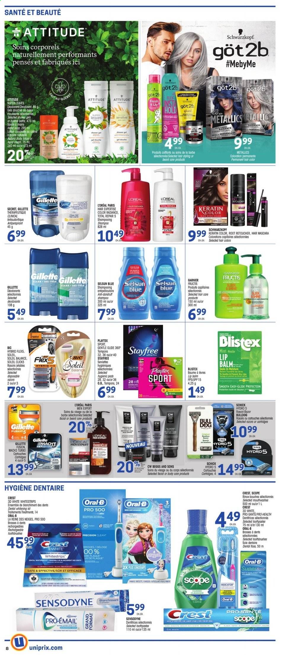 thumbnail - Uniprix Flyer - January 14, 2021 - January 20, 2021 - Sales products - Crest, Stayfree, Playtex, tampons, L’Oréal, lip balm, L’Oréal Men, hair color, keratin, Fructis, body lotion, hand cream, anti-perspirant, BIC, razor, Schick, disposable razor, Garnier, Gillette, mascara, shampoo, Oral-B, Sensodyne, deodorant. Page 7.