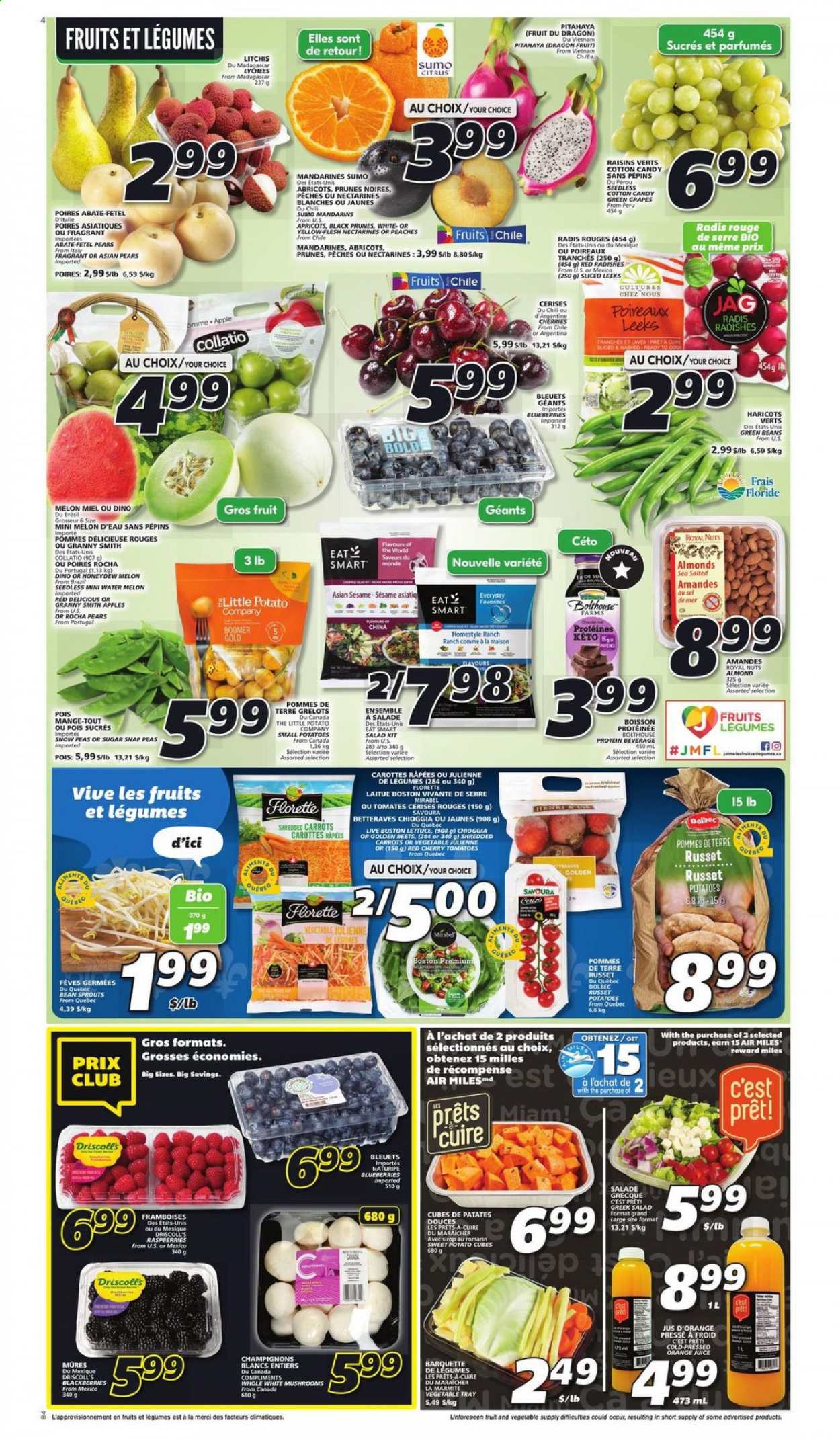 thumbnail - IGA Flyer - January 14, 2021 - January 20, 2021 - Sales products - mushrooms, beans, carrots, green beans, radishes, russet potatoes, sweet potato, tomatoes, potatoes, peas, salad, bean sprouts, snap peas, snow peas, apples, blackberries, blueberries, grapes, mandarines, nectarines, Red Delicious apples, watermelon, honeydew, pears, melons, apricots, dragon fruit, peaches, Granny Smith, sumo citrus, protein drink, cotton candy, Merci, almonds, prunes, dried fruit, orange juice, juice, raisins. Page 3.