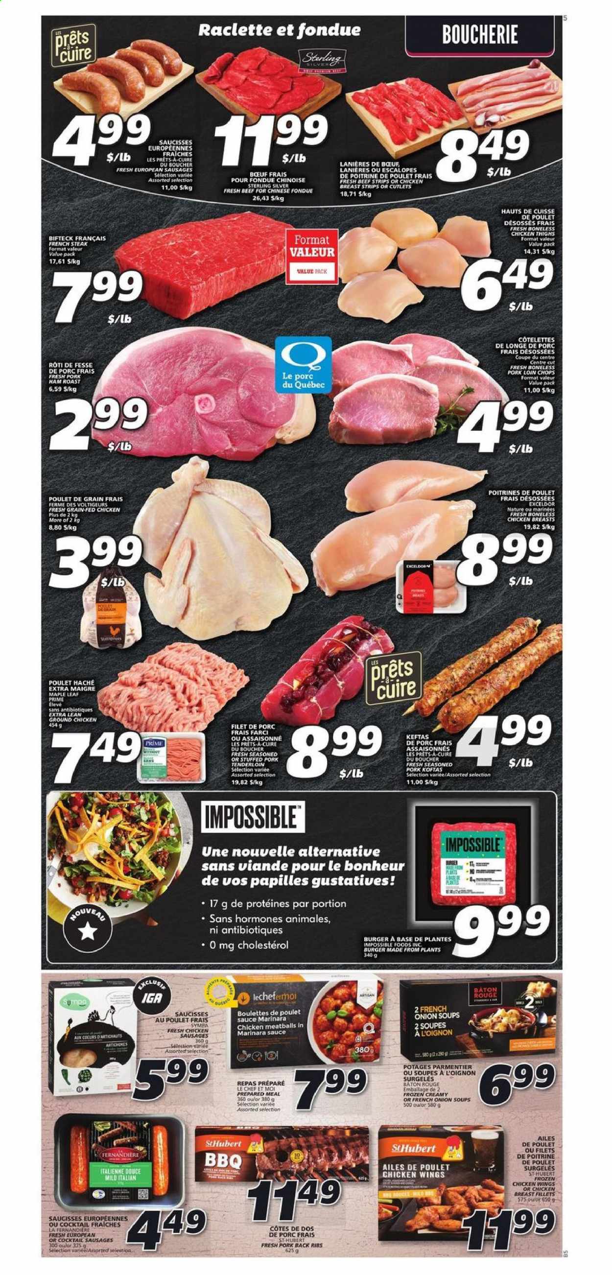 thumbnail - IGA Flyer - January 14, 2021 - January 20, 2021 - Sales products - onion, meatballs, hamburger, sauce, ham, sausage, raclette cheese, chicken wings, strips, ground chicken, chicken breasts, chicken thighs, chicken, pork chops, pork loin, pork meat, pork tenderloin, steak. Page 4.