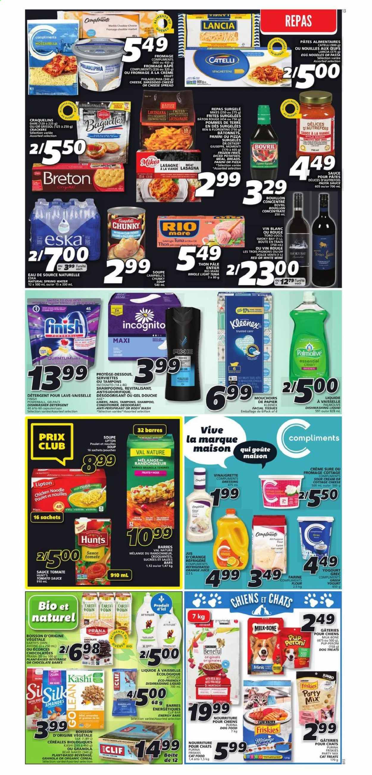 thumbnail - IGA Flyer - January 14, 2021 - January 20, 2021 - Sales products - panini, potatoes, Campbell's, diced potatoes, pizza, pasta sauce, soup, sauce, noodles, lasagna meal, Kraft®, cheese spread, cottage cheese, shredded cheese, greek yoghurt, yoghurt, milk, sour cream, potato fries, chocolate, crackers, bouillon, flour, tomato sauce, light tuna, cereals, energy bar, egg noodles, vinaigrette dressing, dressing, switch, orange juice, juice, spring water, Peroni, granola. Page 9.