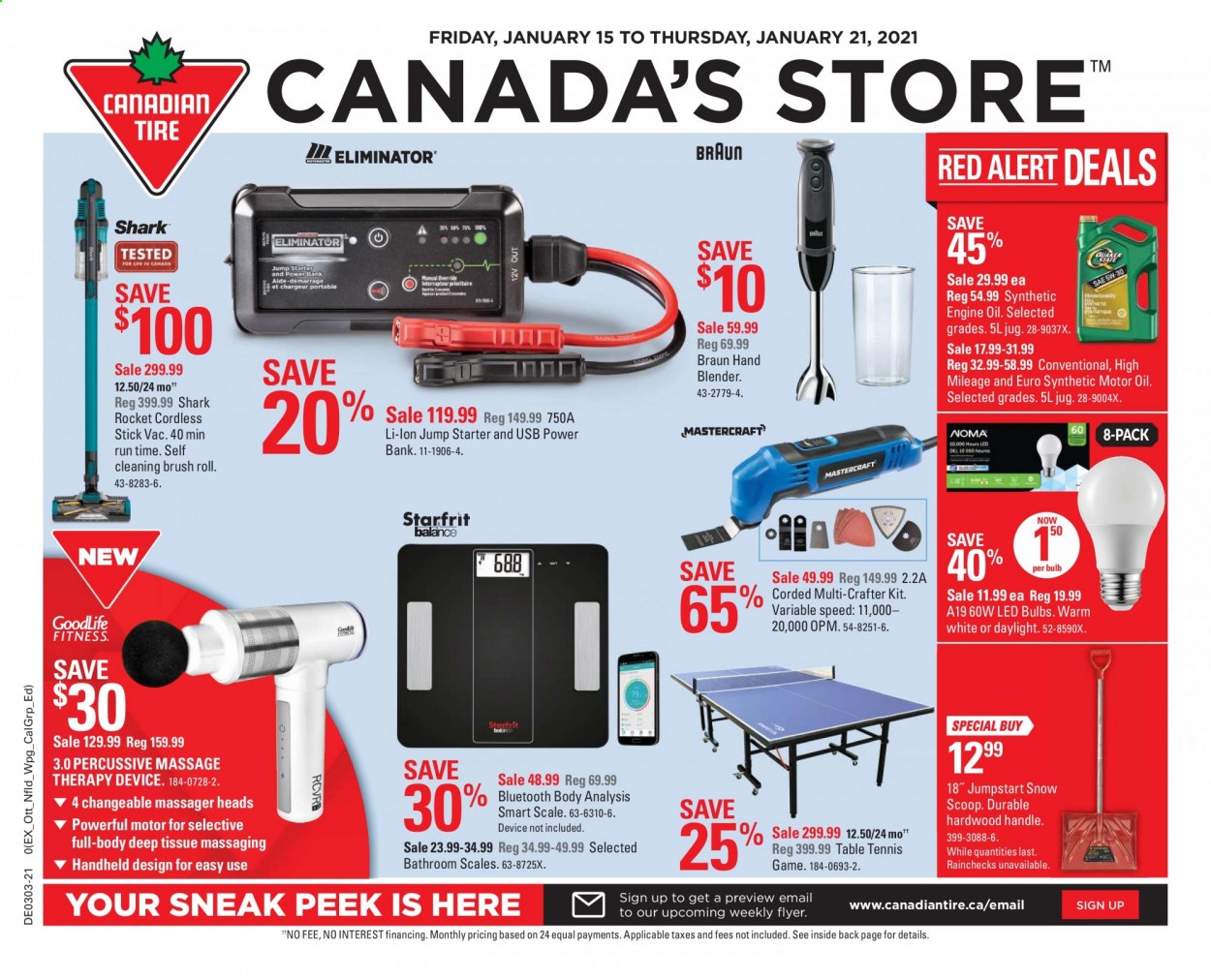 thumbnail - Canadian Tire Flyer - January 15, 2021 - January 21, 2021 - Sales products - scale, tissues, bulb, LED bulb, hand blender, massager, table, starter, motor oil. Page 1.