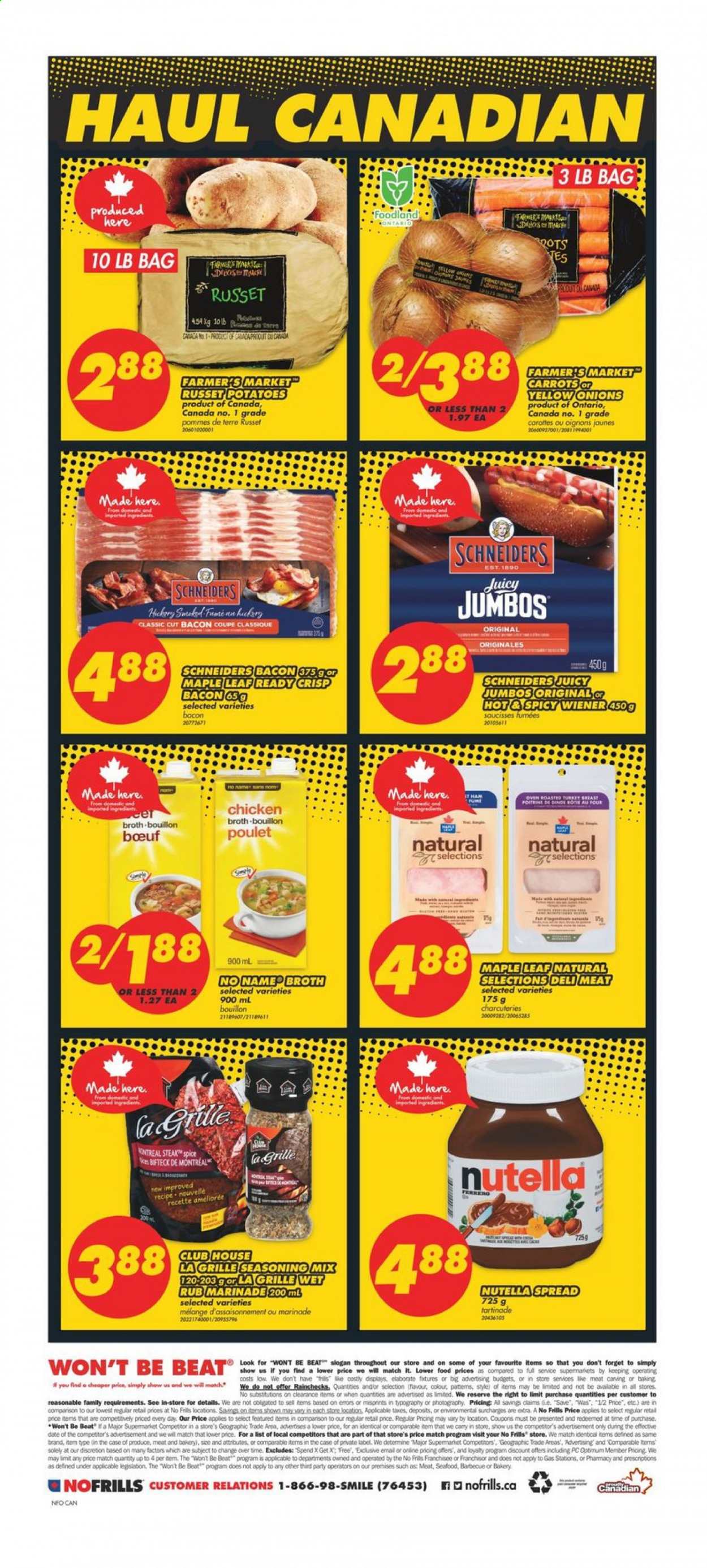 thumbnail - No Frills Flyer - January 14, 2021 - January 20, 2021 - Sales products - russet potatoes, potatoes, onion, seafood, No Name, bacon, ham, bouillon, broth, spice, marinade, Optimum, Nutella, steak. Page 2.