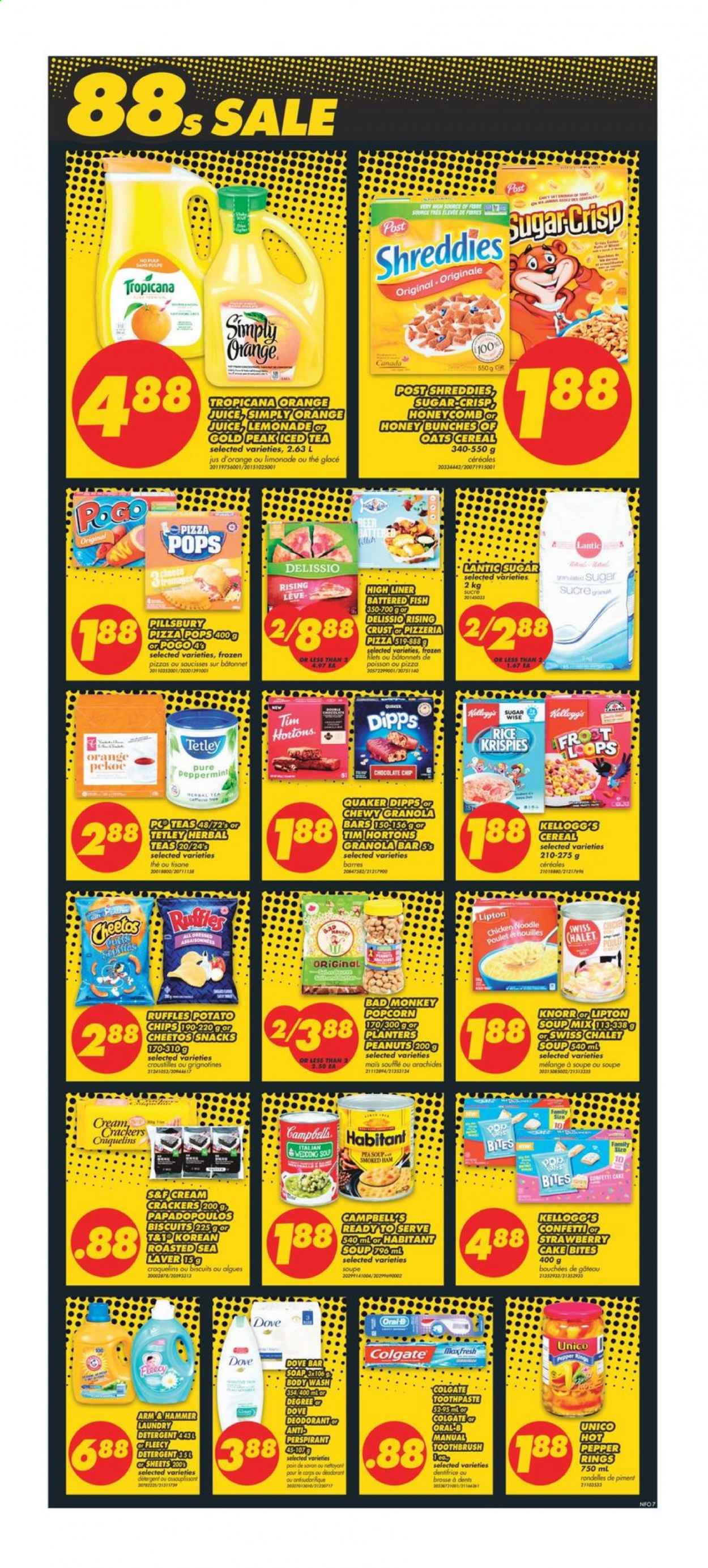 thumbnail - No Frills Flyer - January 14, 2021 - January 20, 2021 - Sales products - cake, fish, Campbell's, pizza, soup mix, soup, Pillsbury, Quaker, noodles, ham, smoked ham, snack, crackers, Kellogg's, biscuit, potato chips, Cheetos, popcorn, Ruffles, sugar, cereals, granola bar, Rice Krispies, peanuts, Planters, lemonade, orange juice, juice, ice tea, beer, laundry detergent, Rin, body wash, soap bar, soap, toothbrush, toothpaste, anti-perspirant, hammer, monkey, Knorr, Oral-B, deodorant. Page 7.