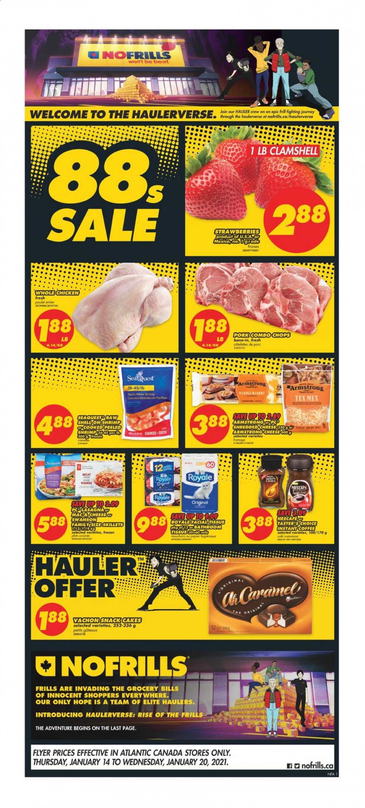 thumbnail - No Frills Flyer - January 14, 2021 - January 20, 2021 - Sales products - cake, lasagna meal, cheese, snack, instant coffee, whole chicken, chicken, bath tissue, Nescafé. Page 1.