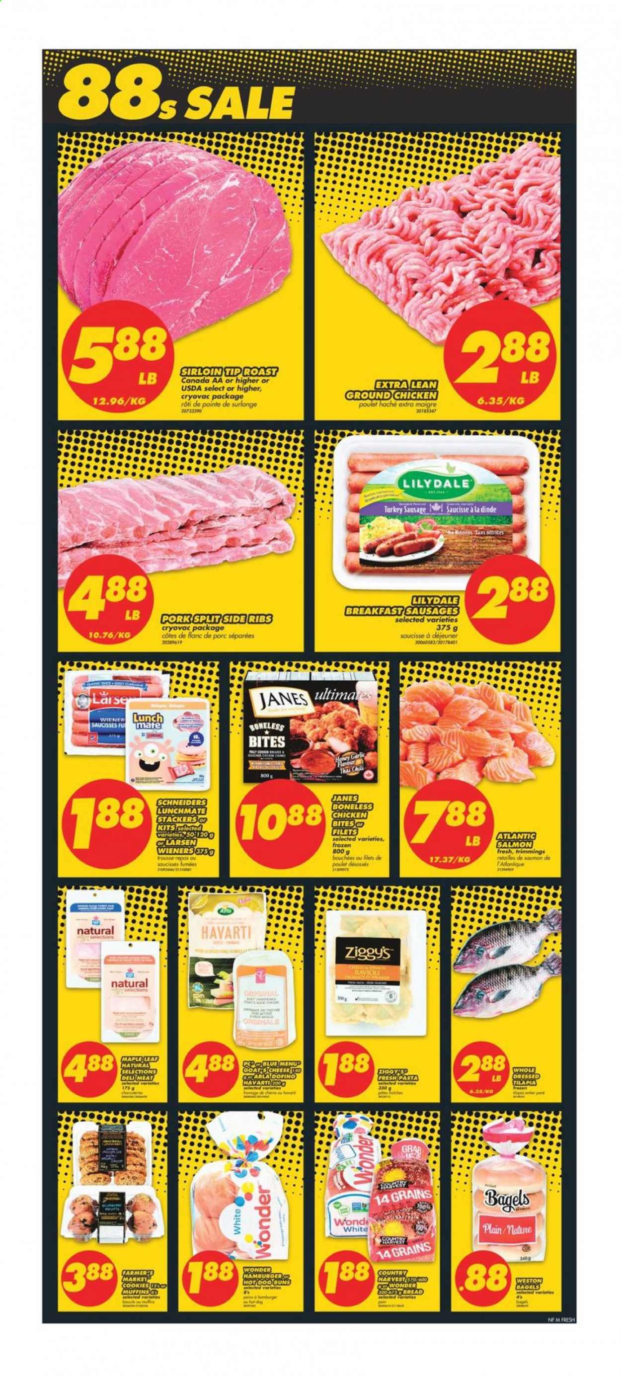 thumbnail - No Frills Flyer - January 14, 2021 - January 20, 2021 - Sales products - bagels, bread, buns, muffin, garlic, salmon, tilapia, ravioli, hot dog, hamburger, sausage, Havarti, cheese, Country Harvest, chicken bites, cookies, toor dal, ground chicken, chicken. Page 4.