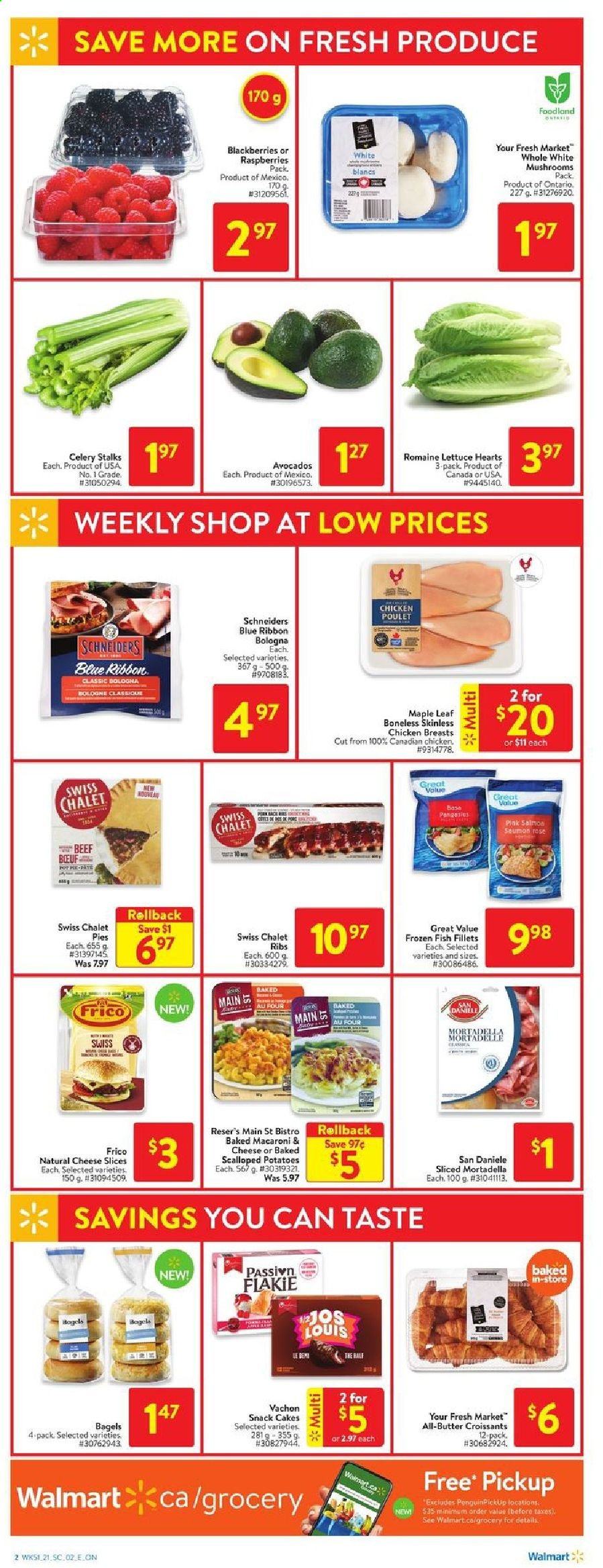 thumbnail - Walmart Flyer - January 14, 2021 - January 20, 2021 - Sales products - mushrooms, bagels, cake, croissant, Blue Ribbon, celery, potatoes, lettuce, sleeved celery, avocado, blackberries, fish fillets, salmon, fish, macaroni & cheese, mortadella, bologna sausage, sliced cheese, snack, rosé wine, chicken breasts, rose. Page 3.