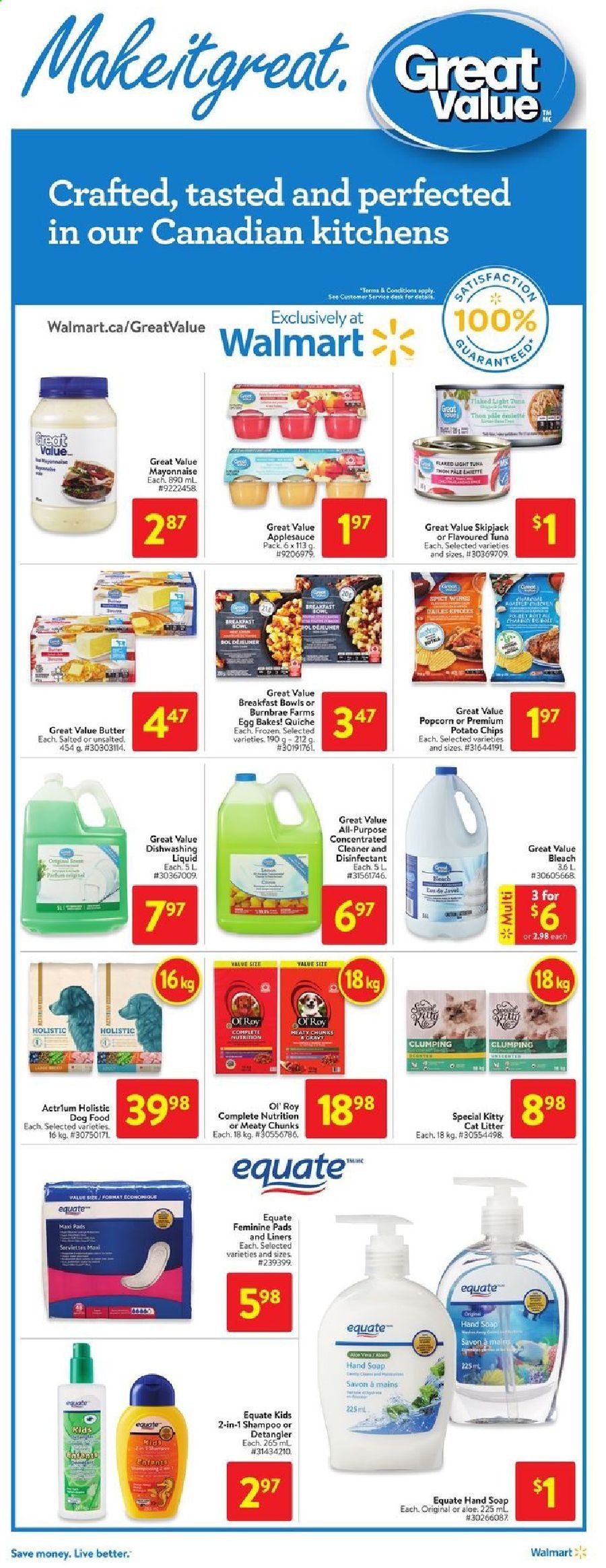thumbnail - Walmart Flyer - January 14, 2021 - January 20, 2021 - Sales products - breakfast bowl, eggs, butter, mayonnaise, quiche, potato chips, popcorn, apple sauce, cleaner, bleach, dishwashing liquid, hand soap, soap, sanitary pads, cat litter, animal food, dog food, shampoo, desinfection. Page 4.