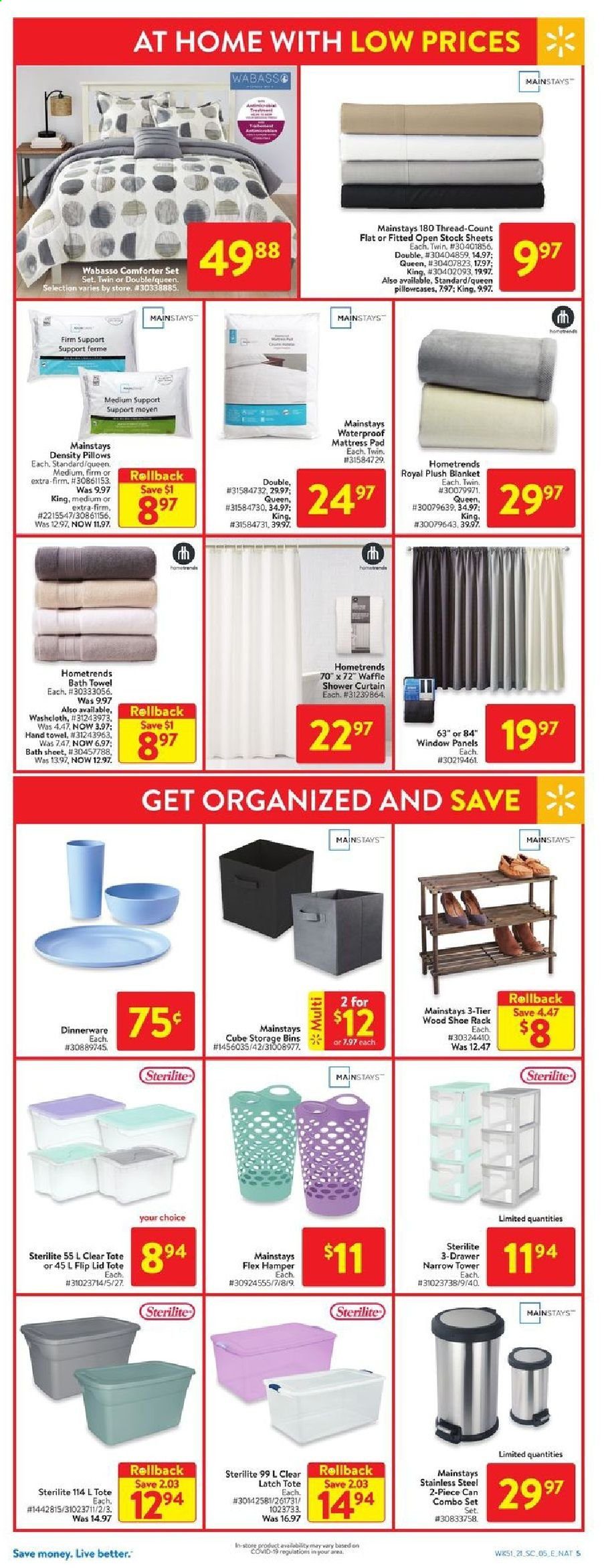 thumbnail - Walmart Flyer - January 14, 2021 - January 20, 2021 - Sales products - hamper, shower curtain, dinnerware set, lid, blanket, pillow, pillowcase, mattress protector, curtain, bath towel, towel, hand towel, mattress, shoe rack, tote. Page 14.
