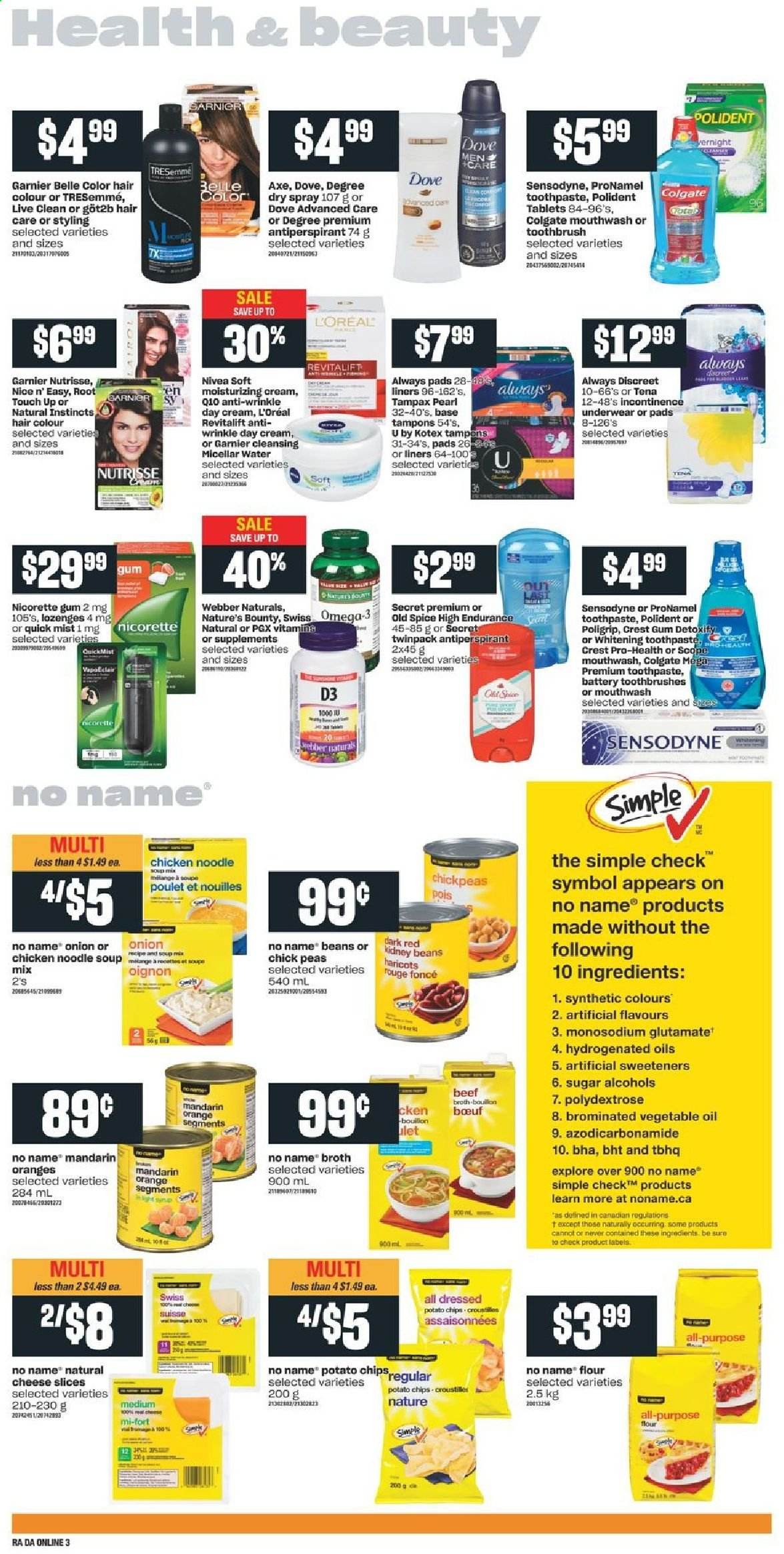 thumbnail - Atlantic Superstore Flyer - January 14, 2021 - January 20, 2021 - Sales products - mandarines, No Name, soup mix, soup, noodles cup, noodles, sliced cheese, cheese, potato chips, beef broth, bouillon, flour, sugar, broth, kidney beans, chickpeas, spice, vegetable oil, oil, toothbrush, toothpaste, mouthwash, Polident, Crest, Always pads, Always Discreet, Kotex, incontinence underwear, tampons, day cream, L’Oréal, micellar water, TRESemmé, hair color, anti-perspirant, Sure, Nature's Bounty, Nicorette, Omega-3, Nicorette Gum, vitamin D3, Garnier, Tampax, Nivea, Old Spice, chips, Sensodyne. Page 7.
