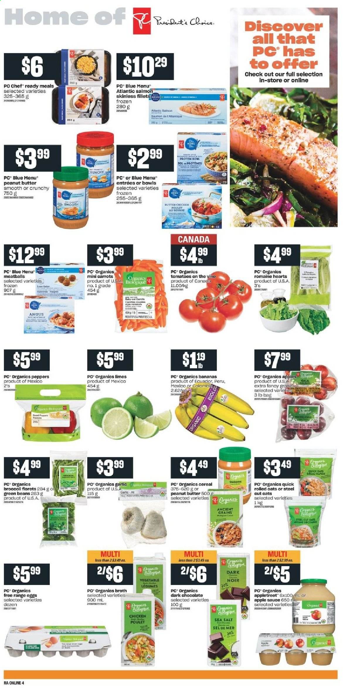 thumbnail - Atlantic Superstore Flyer - January 14, 2021 - January 20, 2021 - Sales products - beans, broccoli, carrots, garlic, green beans, tomatoes, peppers, bananas, Gala, limes, salmon, meatballs, sauce, eggs, chocolate, dark chocolate, oats, broth, cereals, rolled oats, Quick Oats, apple sauce, peanut butter, bag. Page 8.