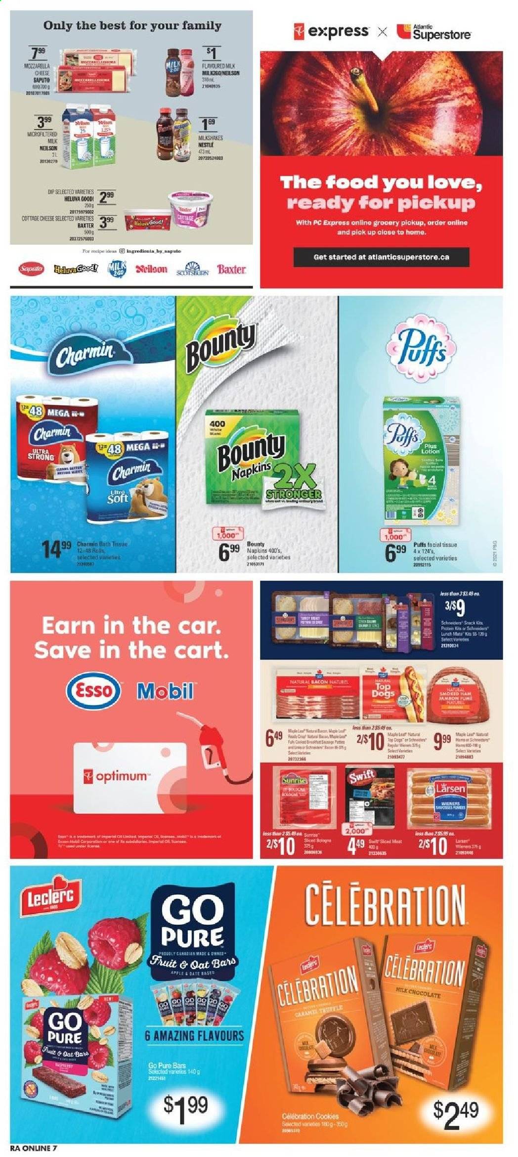 thumbnail - Atlantic Superstore Flyer - January 14, 2021 - January 20, 2021 - Sales products - bacon, ham, smoked ham, bologna sausage, cottage cheese, cheese, flavoured milk, dip, cookies, milk chocolate, chocolate, snack, Bounty, truffles, Celebration, oats, napkins, bath tissue, Charmin, Optimum, cart, Nestlé, mozzarella. Page 12.