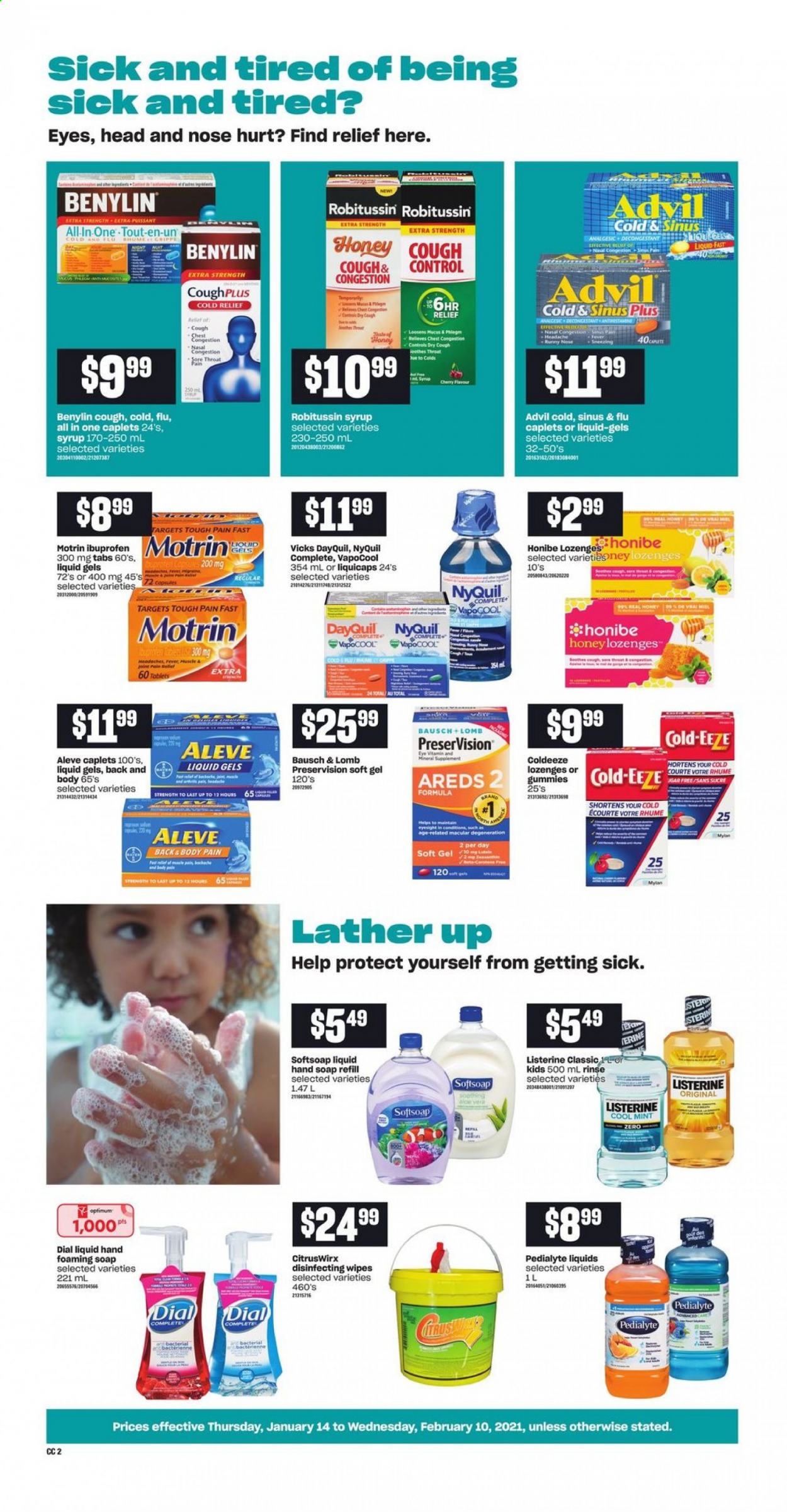 thumbnail - Atlantic Superstore Flyer - January 14, 2021 - February 10, 2021 - Sales products - honey, syrup, wipes, Softsoap, hand soap, Dial, soap, Vicks, Optimum, Aleve, DayQuil, Ibuprofen, NyQuil, Advil Rapid, Benylin, Motrin, Listerine, Robitussin. Page 2.