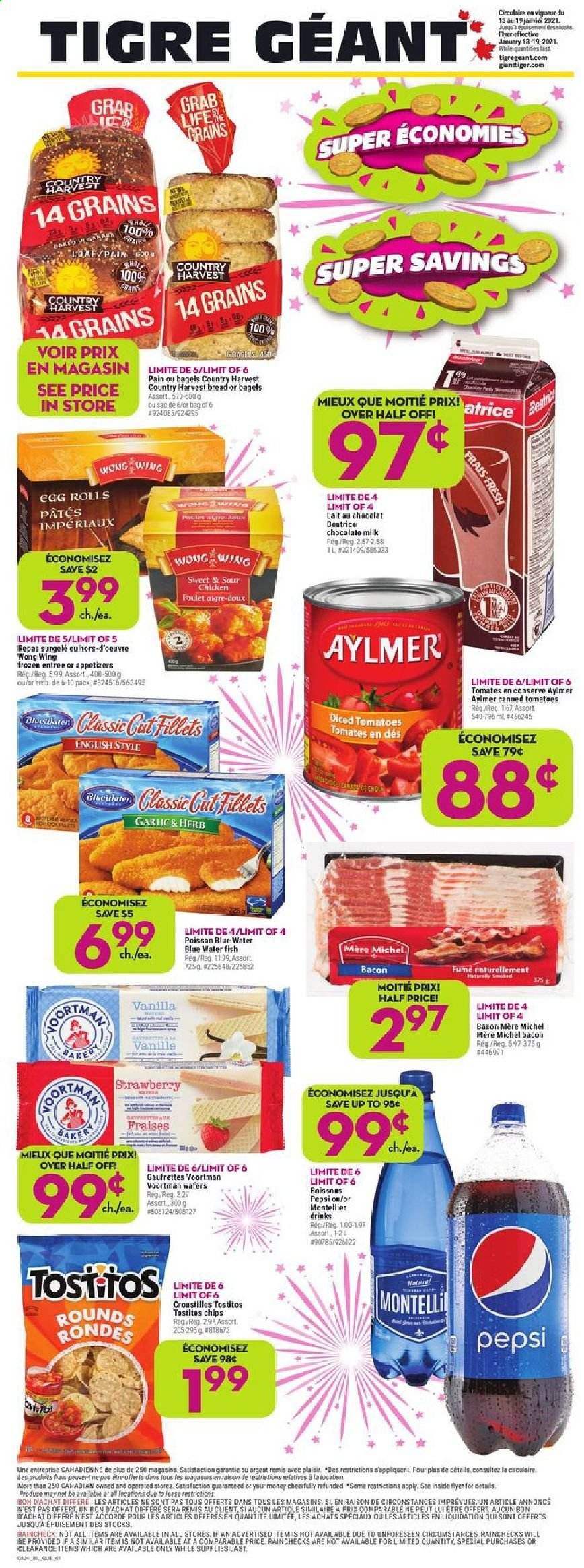 thumbnail - Giant Tiger Flyer - January 13, 2021 - January 19, 2021 - Sales products - bagels, tomatoes, fish, egg rolls, bacon, milk, Country Harvest, milk chocolate, wafers, chocolate, Tostitos, Pepsi. Page 1.