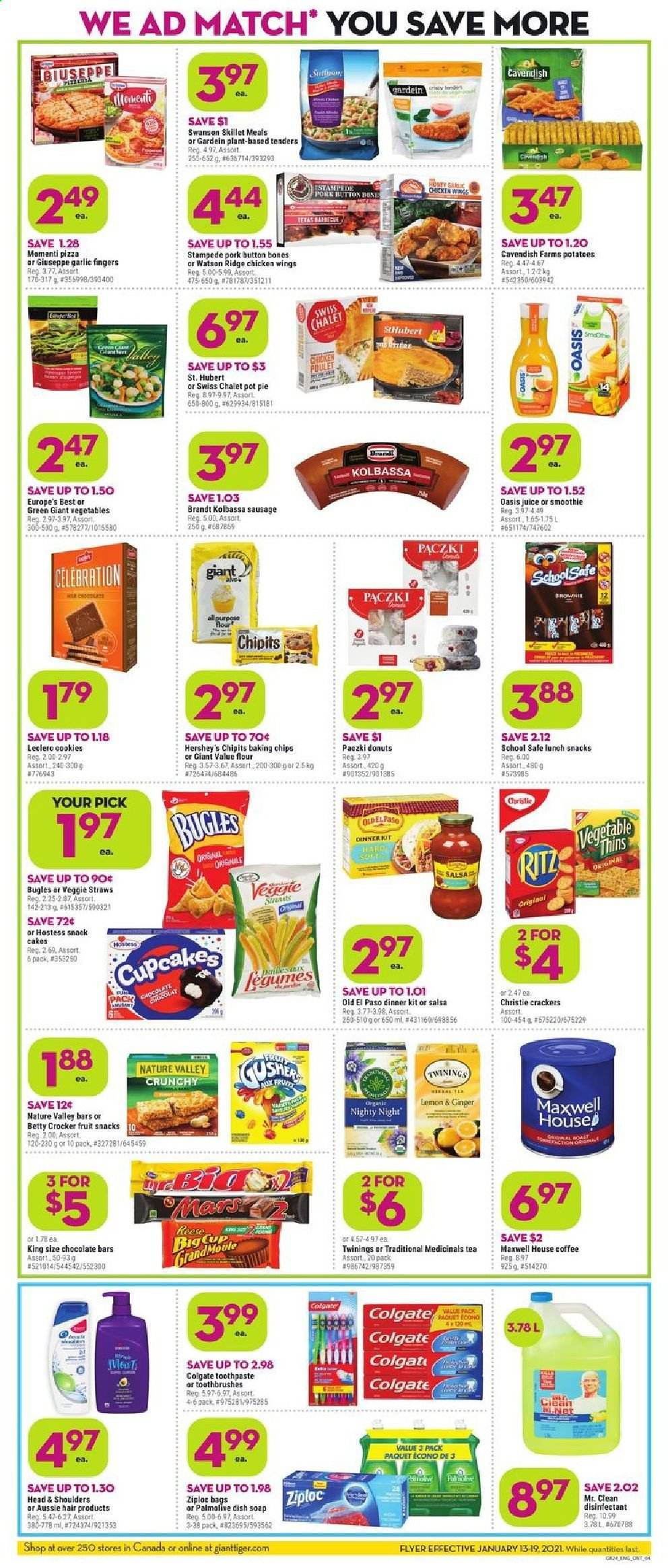 thumbnail - Giant Tiger Flyer - January 13, 2021 - January 19, 2021 - Sales products - cake, pie, Old El Paso, cupcake, pot pie, donut, paczki, garlic, potatoes, pizza, dinner kit, sausage, Rama, Hershey's, chicken wings, cookies, Mars, crackers, fruit snack, RITZ, chocolate bar, Thins, veggie straws, flour, baking chips, Nature Valley, salsa, honey, juice, smoothie, Maxwell House, tea, Twinings, soap, toothpaste, Aussie, Ziploc, pot, cup, Head & Shoulders, desinfection. Page 2.