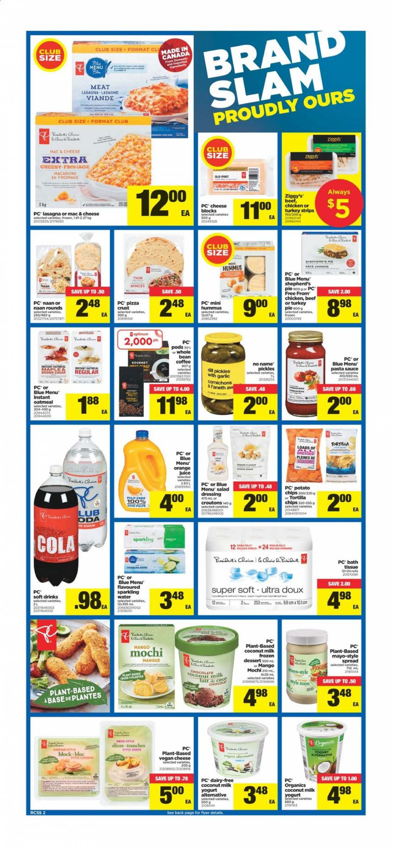 thumbnail - Real Canadian Superstore Flyer - January 14, 2021 - January 20, 2021 - Sales products - No Name, pizza, pasta sauce, macaroni, lasagna meal, hummus, yoghurt, mayonnaise, chocolate, tortilla chips, potato chips, croutons, oatmeal, coconut milk, pickles, dill, salad dressing, dressing, orange juice, juice, soft drink, sparkling water, coffee, bath tissue, Optimum. Page 2.