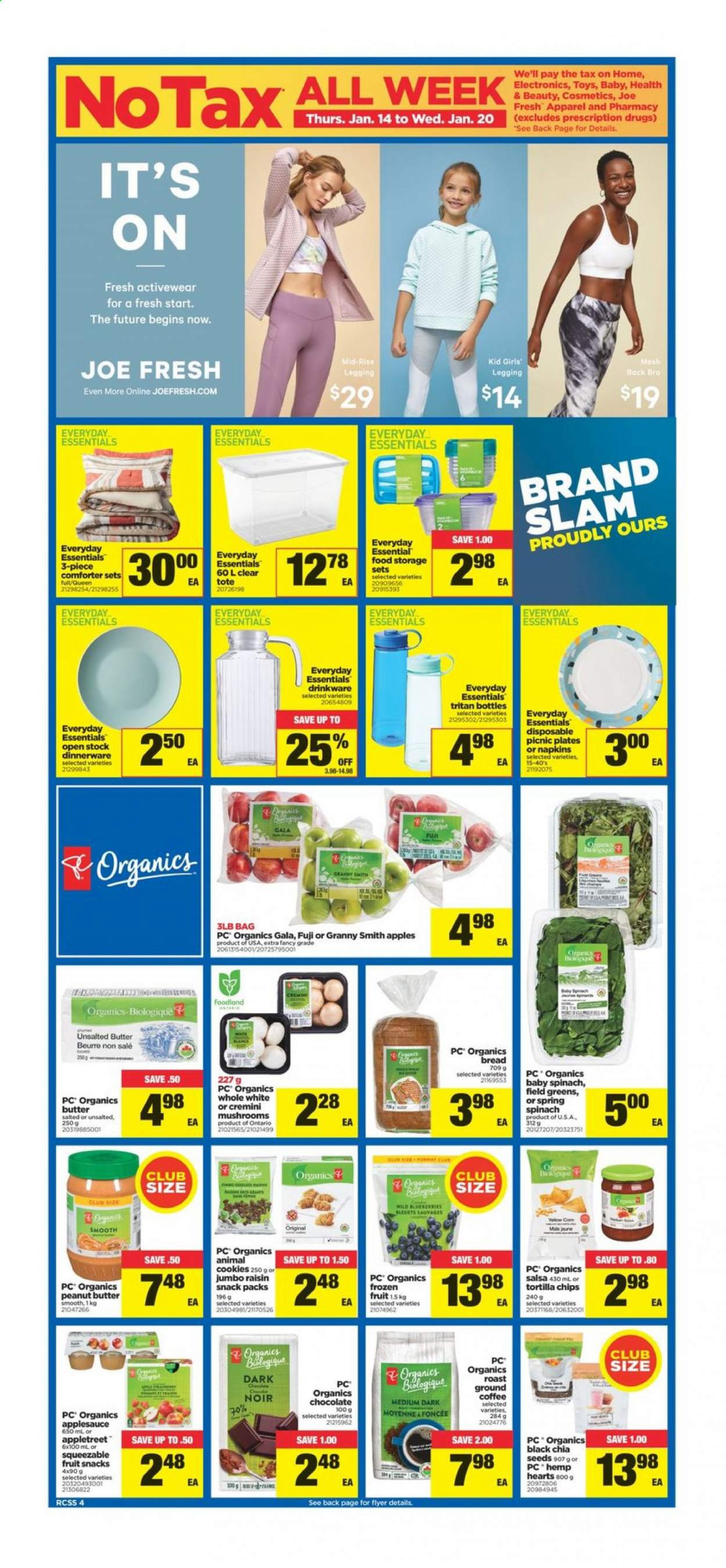 thumbnail - Real Canadian Superstore Flyer - January 14, 2021 - January 20, 2021 - Sales products - mushrooms, bread, spinach, Gala, Granny Smith, cookies, chocolate, fruit snack, tortilla chips, chia seeds, salsa, apple sauce, peanut butter, coffee, ground coffee, squeezable fruit, napkins, dinnerware set, drinkware, plate, comforter, tote, toys. Page 4.
